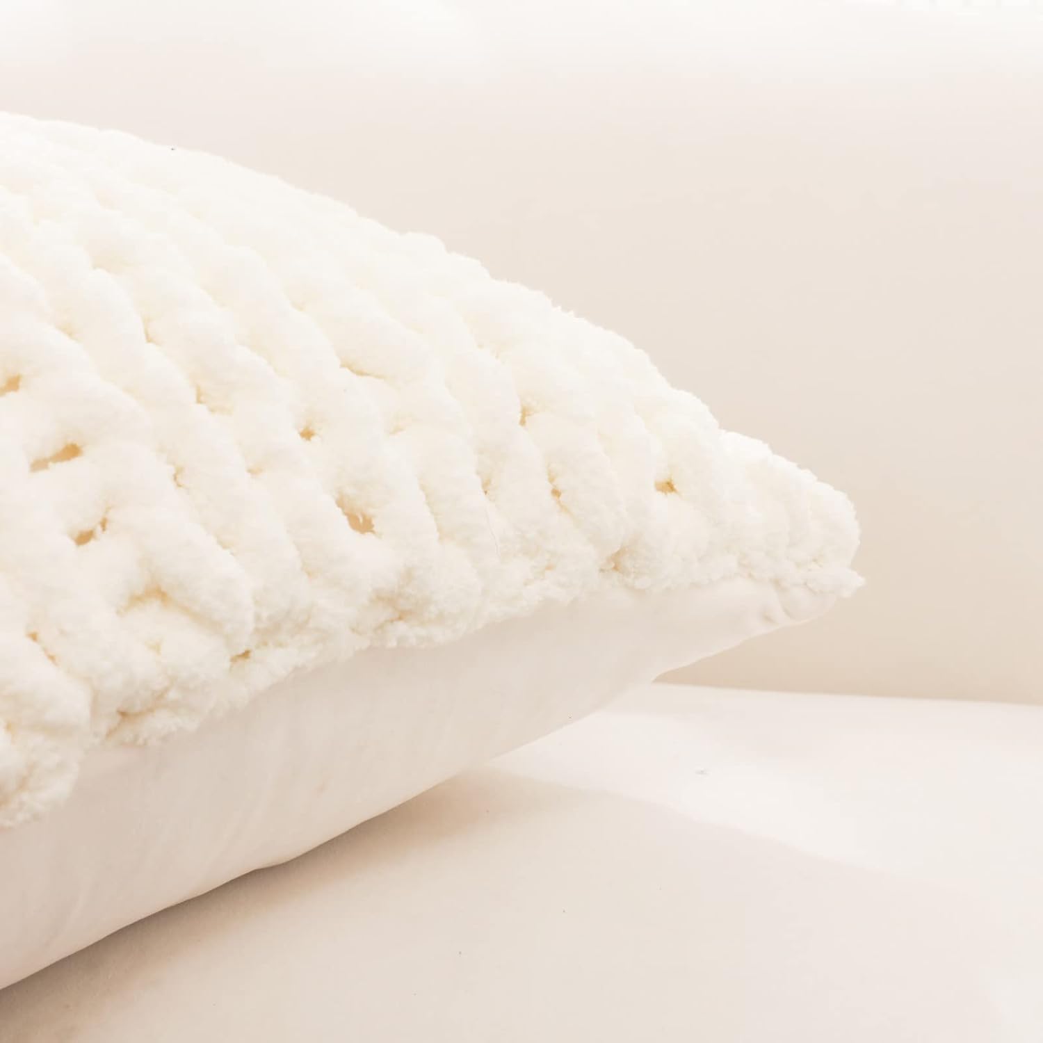 1PC 18×18 Inch Cream Chunky Knit Throw Pillow Cover, Luxury Crochet Sofa Cushion Case