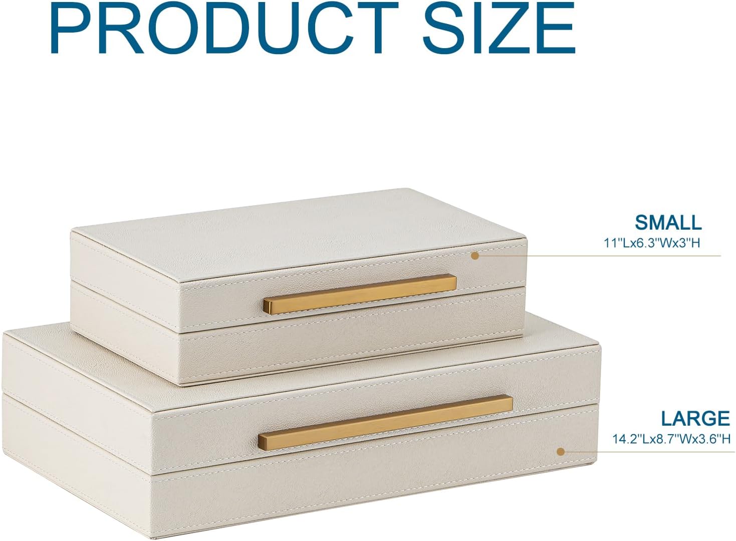 XIGEXIGE Faux Leather Large Modern Stackable Nesting Jewelry Box with Lids Organizer – Set of 2 Beige Shagreen Decorative Storage Boxes with Gold Metal Handles