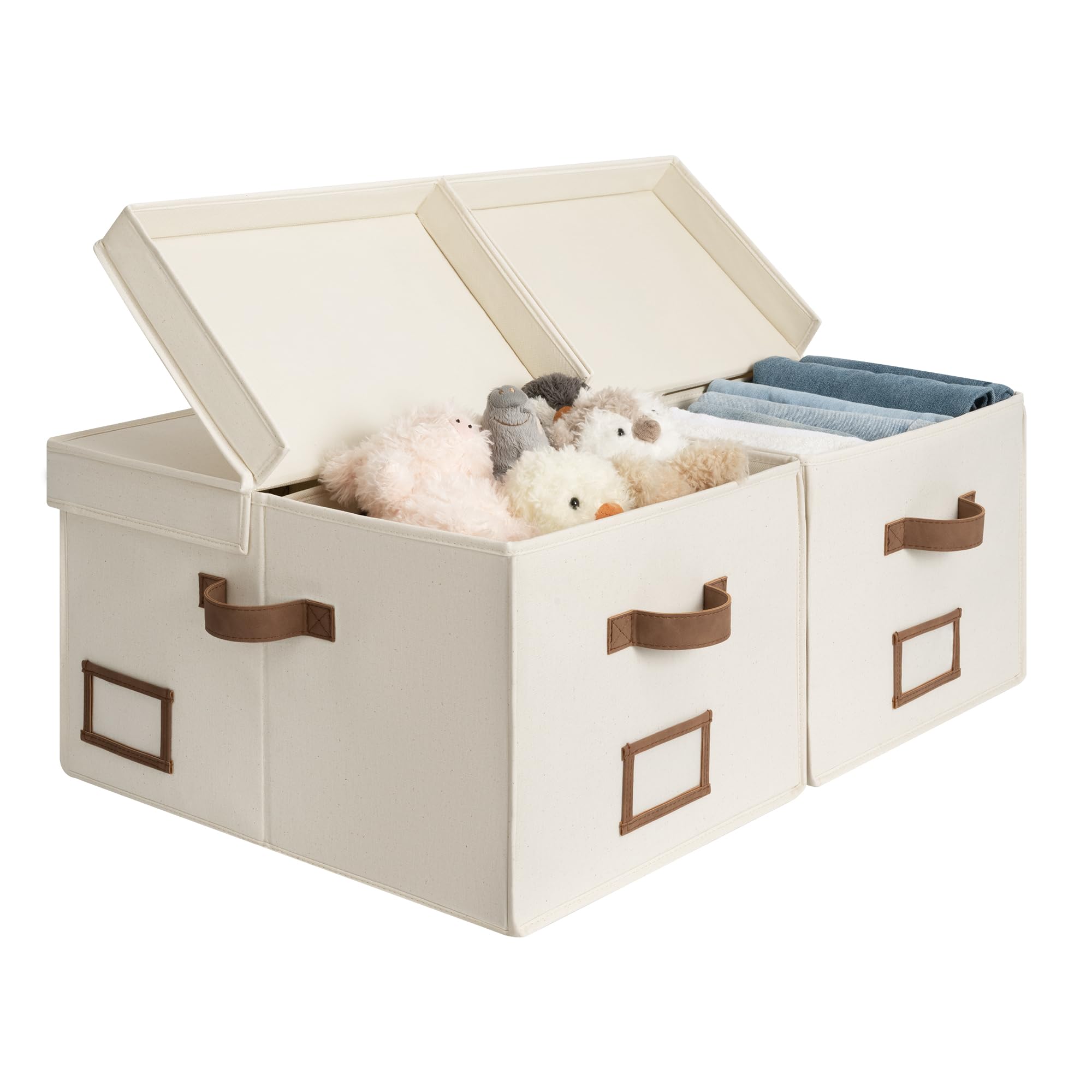 StorageWorks Extra Large Storage Bins with Lids, 55L Decorative Organizer with Divider Board, Fabric Boxes with Handles, Khaki and Beige Stripes, 2-Pack