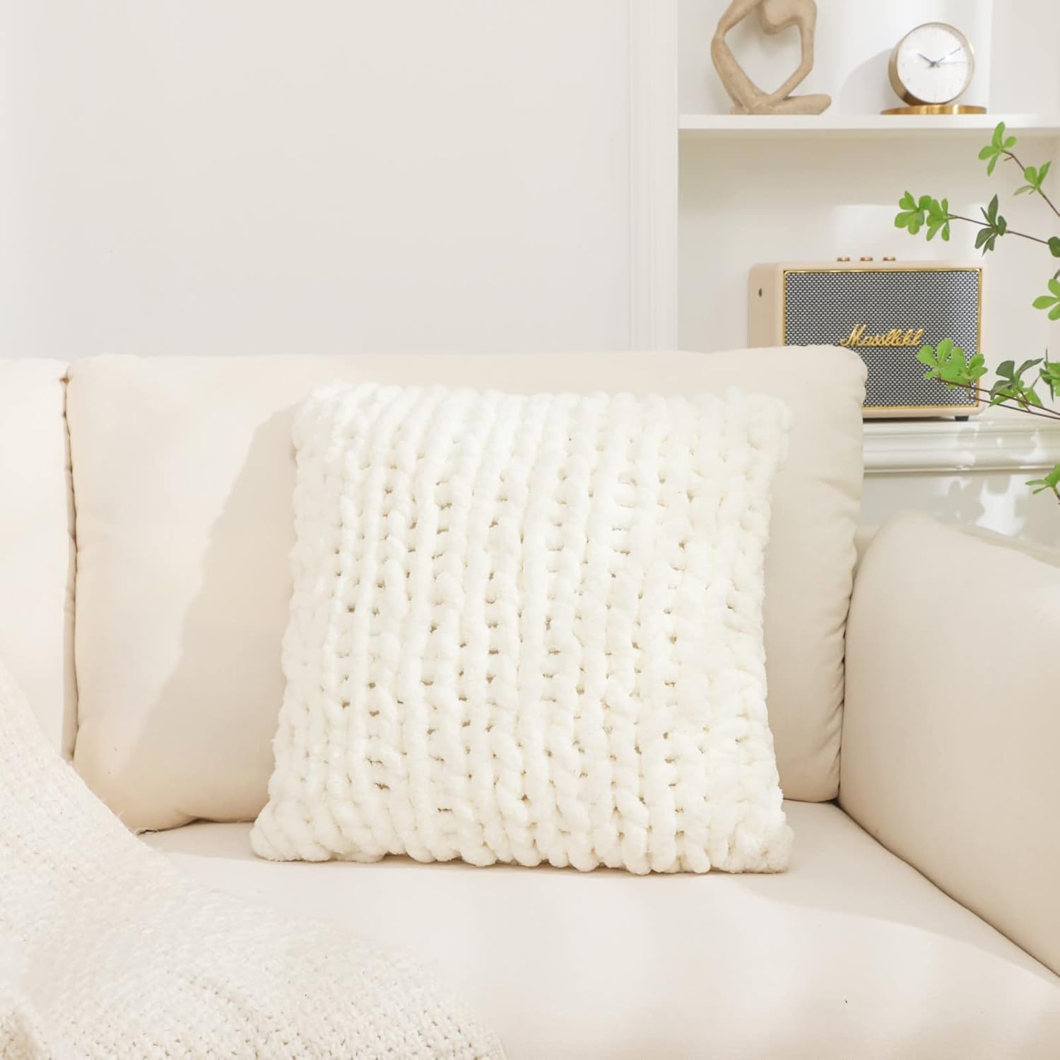 1PC 18×18 Inch Cream Chunky Knit Throw Pillow Cover, Luxury Crochet Sofa Cushion Case