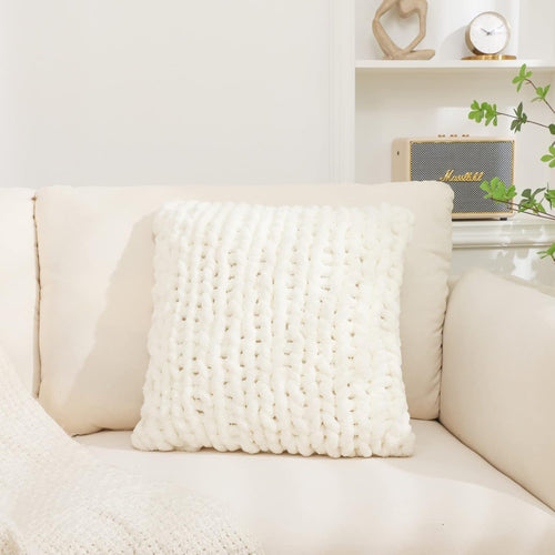 1PC 18×18 Inch Cream Chunky Knit Throw Pillow Cover, Luxury Crochet Sofa Cushion Case