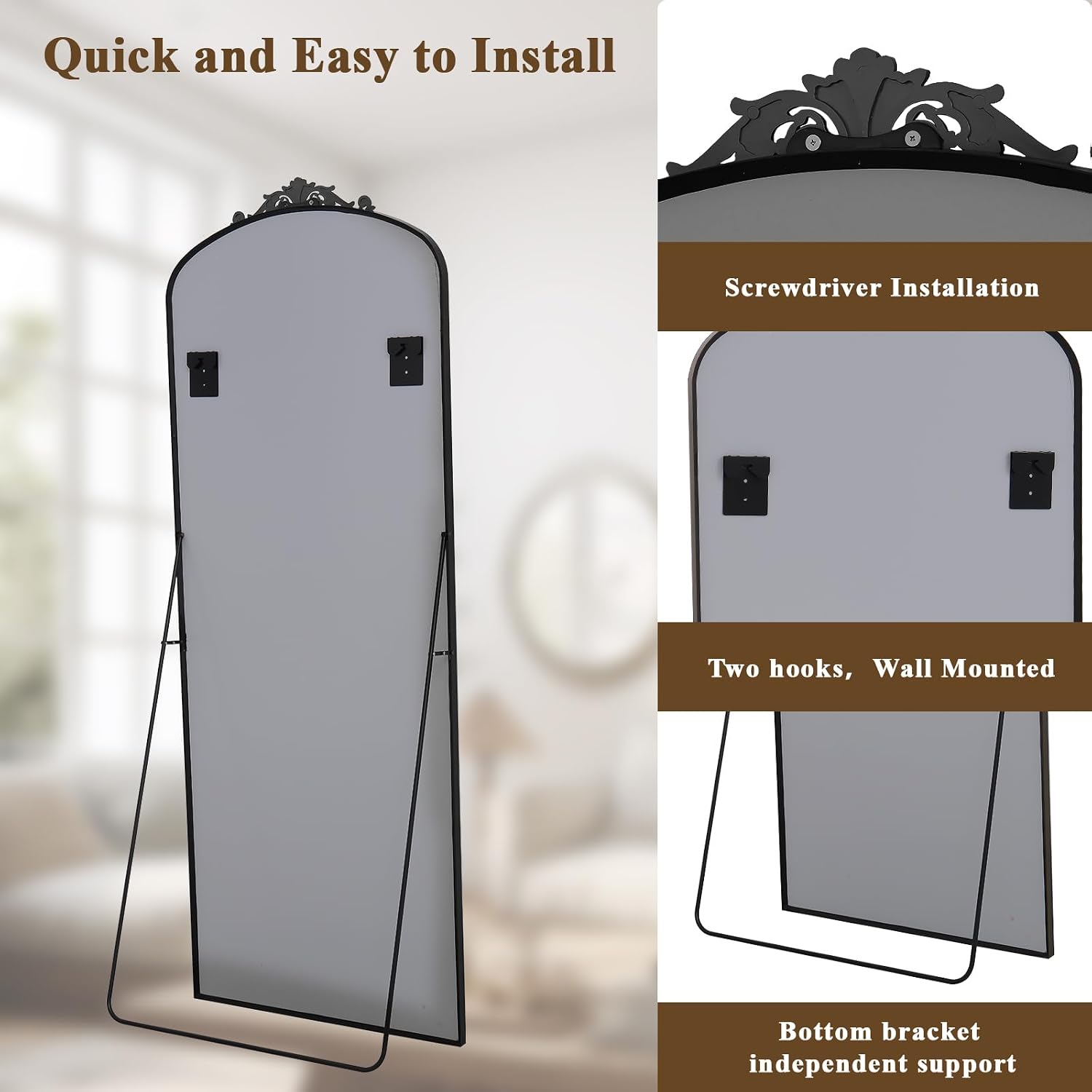 BEAUTYPEAK 56"x21" Arch Mirror Full Length, Traditional Vintage Ornate Baroque Mirror with Bottom Corner Pattern, Hanging or Leaning for Entryway/Bathroom/Fireplace/Bathroom, Black