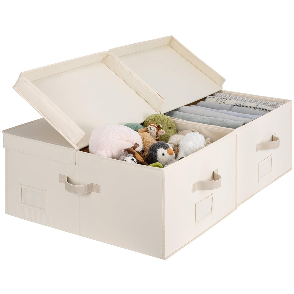 StorageWorks Extra Large Storage Bins with Lids, 55L Decorative Organizer with Divider Board, Fabric Boxes with Handles, Khaki and Beige Stripes, 2-Pack
