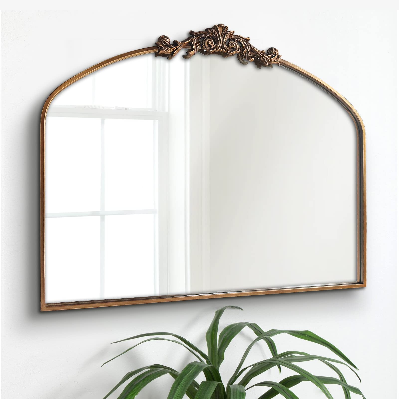 OUSHUAI Gold Traditional Vintage Ornate Baroque Mirror,Gold Brass Mirror for Wall,Victorian Antique Bronze Mirrors Arched for Bathroom/Living Room/Hallway/Fireplace 19"X27"