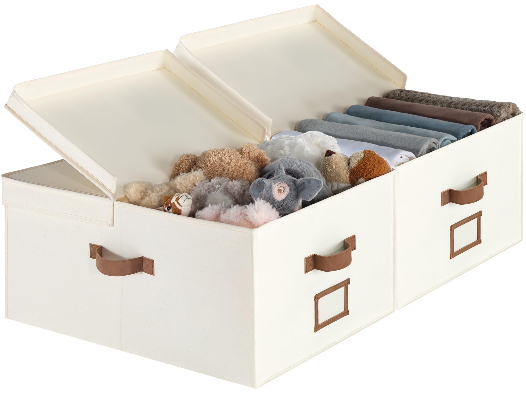 StorageWorks Extra Large Storage Bins with Lids, 55L Decorative Organizer with Divider Board, Fabric Boxes with Handles, Khaki and Beige Stripes, 2-Pack