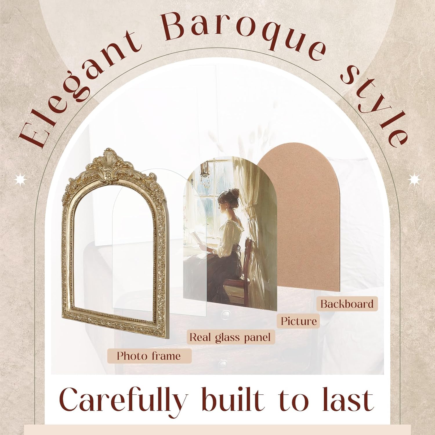 Wonderjune 8 Pcs Vintage Picture Frames with Gold Mirror Bird Sculpture Antique Gold Gallery Wall Frame for 4x6, 5x7 Baroque for Wall or Tabletop Gallery Home Decor