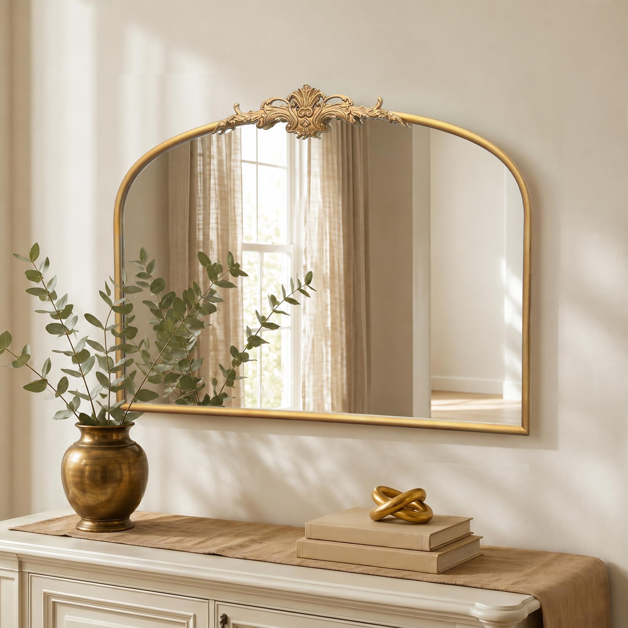 Besdomus Vintage Arched Gold Mirror: 40"x29" French Large Brass Antique Wall Vanity Mirror - Decorative Baroque Traditional Ornate for Entryway/Fireplace/Bathroom/Bedroom - Ideal for Home Renovations