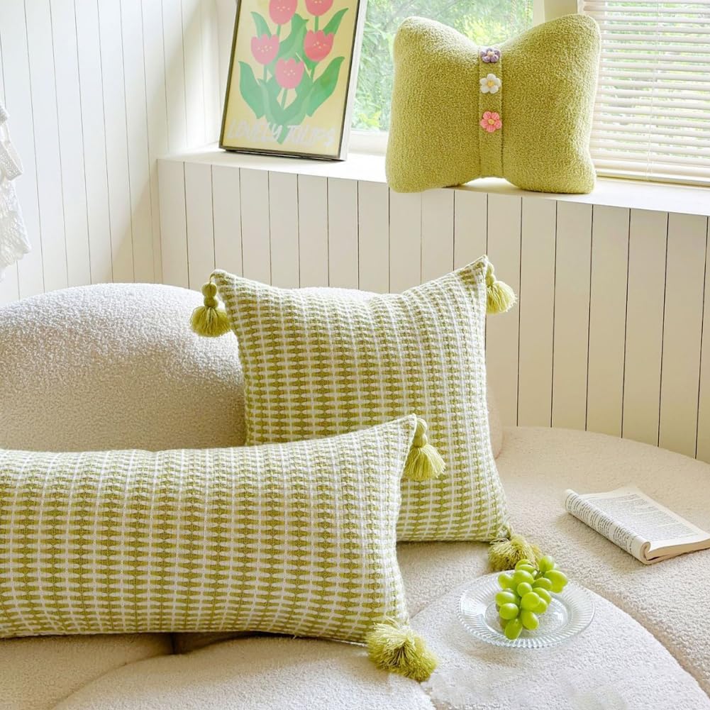 Knit Throw Pillow with Tassels Includes Insert, Soft Boho Decorative Square Pillow for Couch Sofa, Chunky Cotton Feel, Light Green (Square)