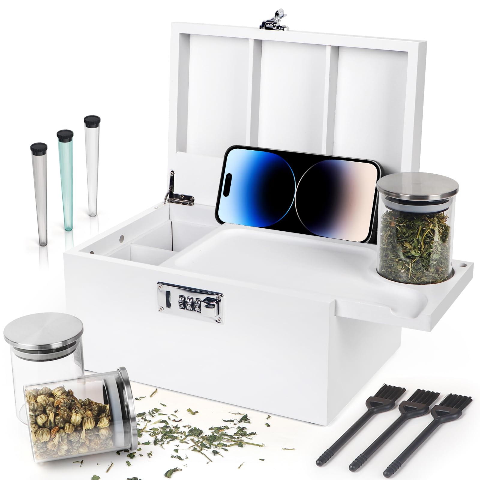 Large Green Bamboo Box with Combination Lock, Decorative Storage Box with Removable Tray & Detachable Compartment, Wooden Boxes with Alright Jars & Brushes & Storage Tubes as Great Gift Choice.