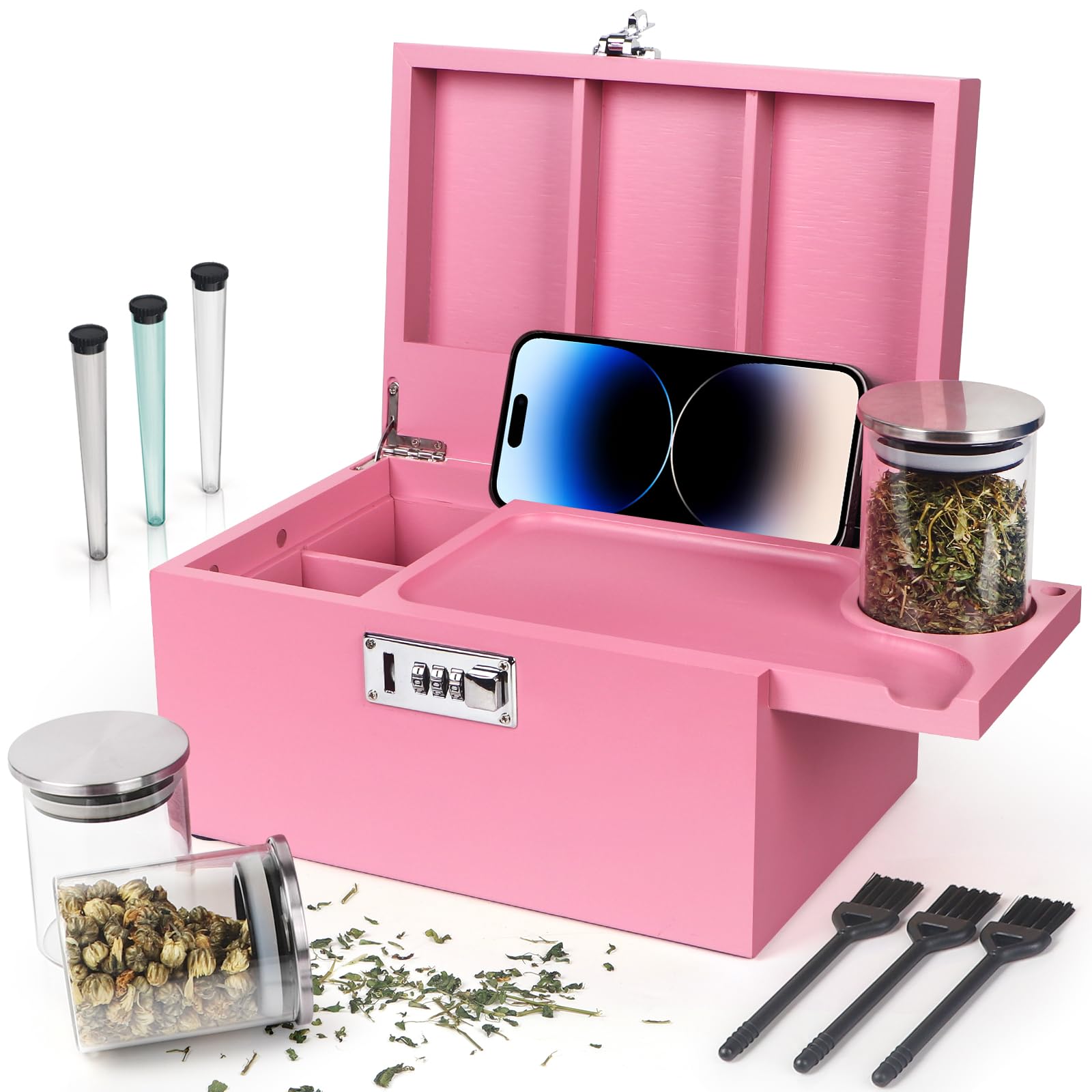 Large Green Bamboo Box with Combination Lock, Decorative Storage Box with Removable Tray & Detachable Compartment, Wooden Boxes with Alright Jars & Brushes & Storage Tubes as Great Gift Choice.