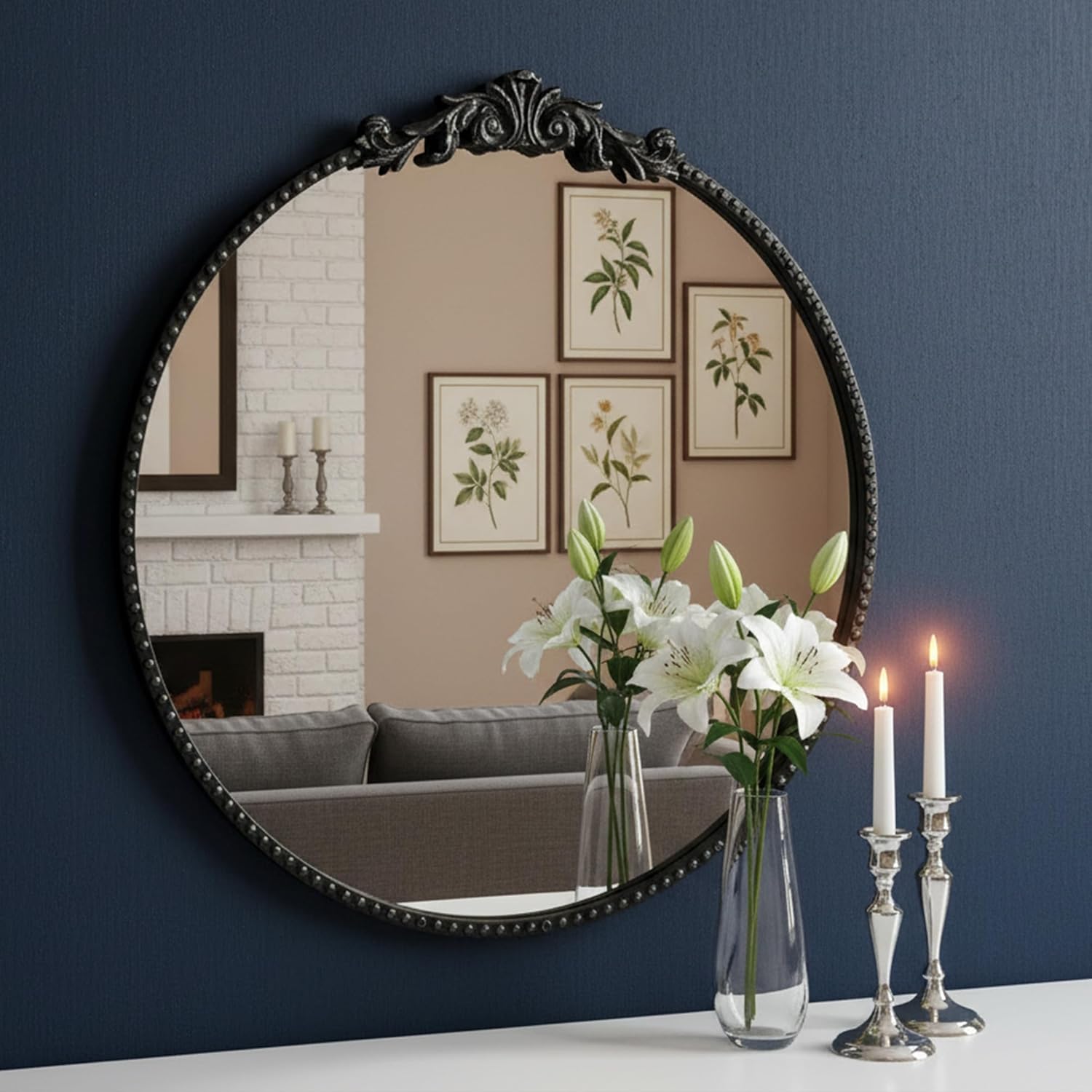 ZIYOO Vintage Baroque Round Wall Mirror 24"x24", Black Ornate Carved Frame Decor Mirror for Entryway Living Room Bedroom Hallway (Black Metal,24"x24")