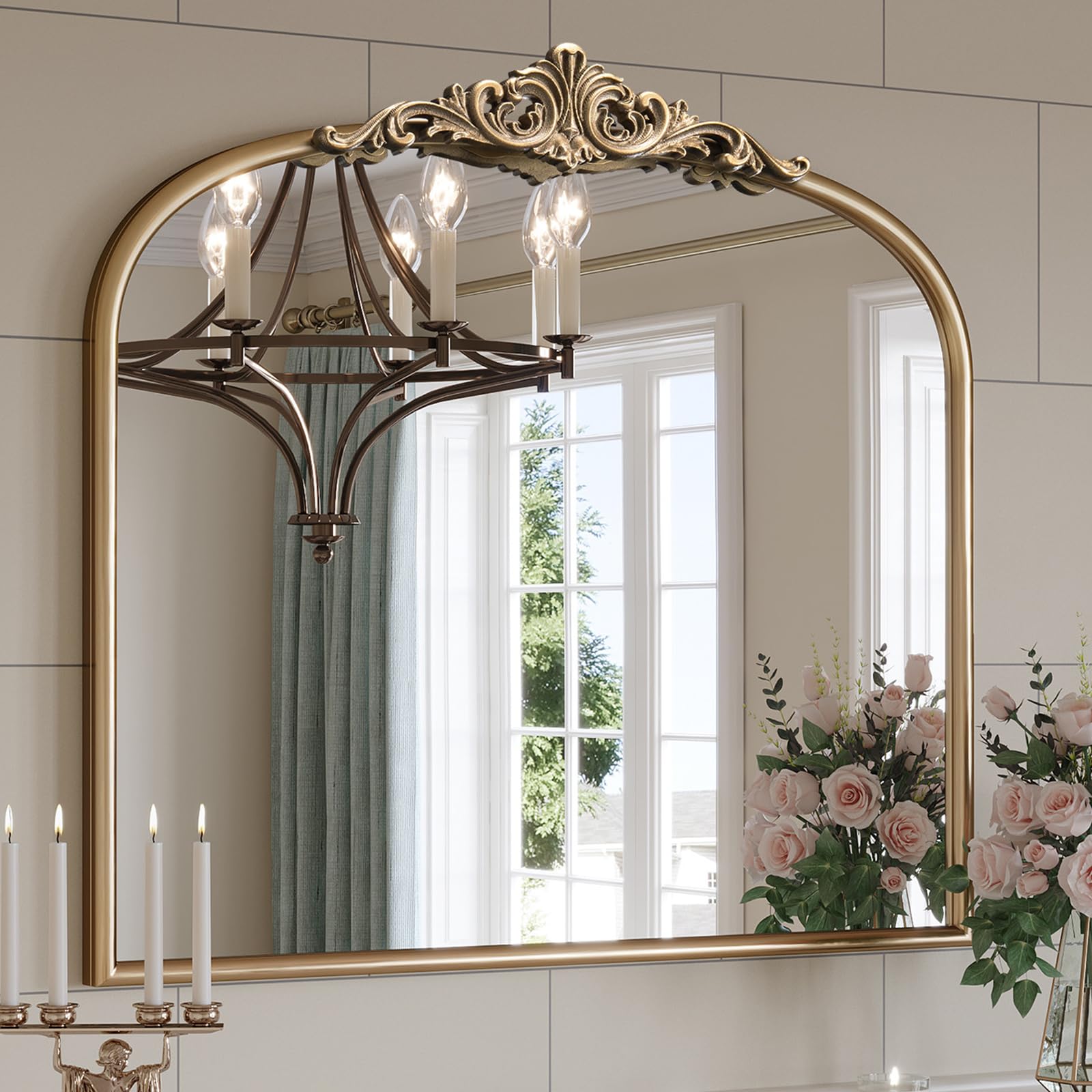Vintage Baroque Arched Wall Mirror, 30"x40" Antique Gold Bathroom Wall Mirrors, Large Ornate Arch Bronze Mirror for Over Sink, Fireplace, Entryway, Living Room, Hanging or Leaning