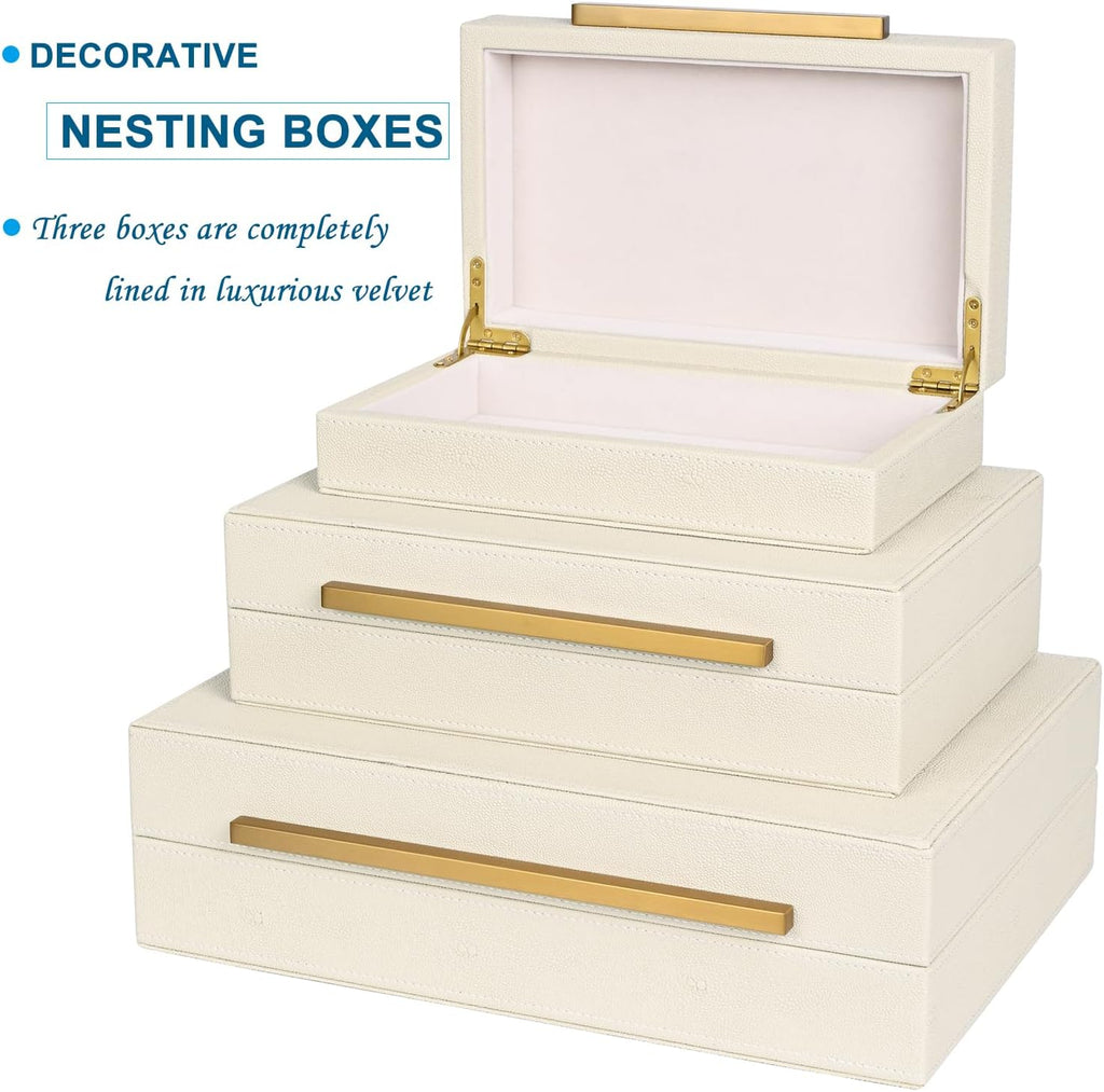 Beige Shagreen Decorative Box Set of 3 - Faux Leather Nesting Storage Boxes with Lids, Large Modern Jewelry Organizer, Stackable Home Decor Box for Bedroom, Bathroom & Office
