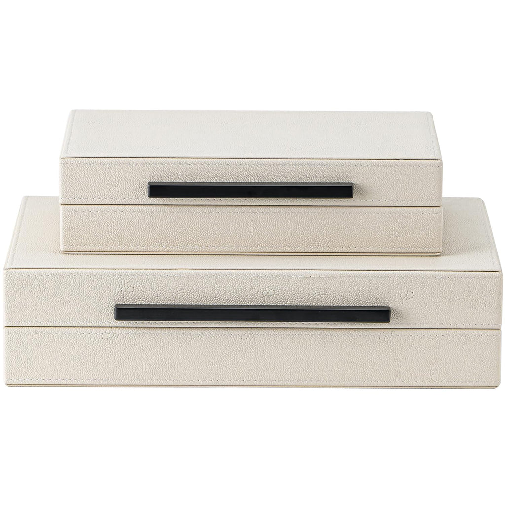 XIGEXIGE Faux Leather Large Modern Stackable Nesting Jewelry Box with Lids Organizer – Set of 2 Beige Shagreen Decorative Storage Boxes with Gold Metal Handles