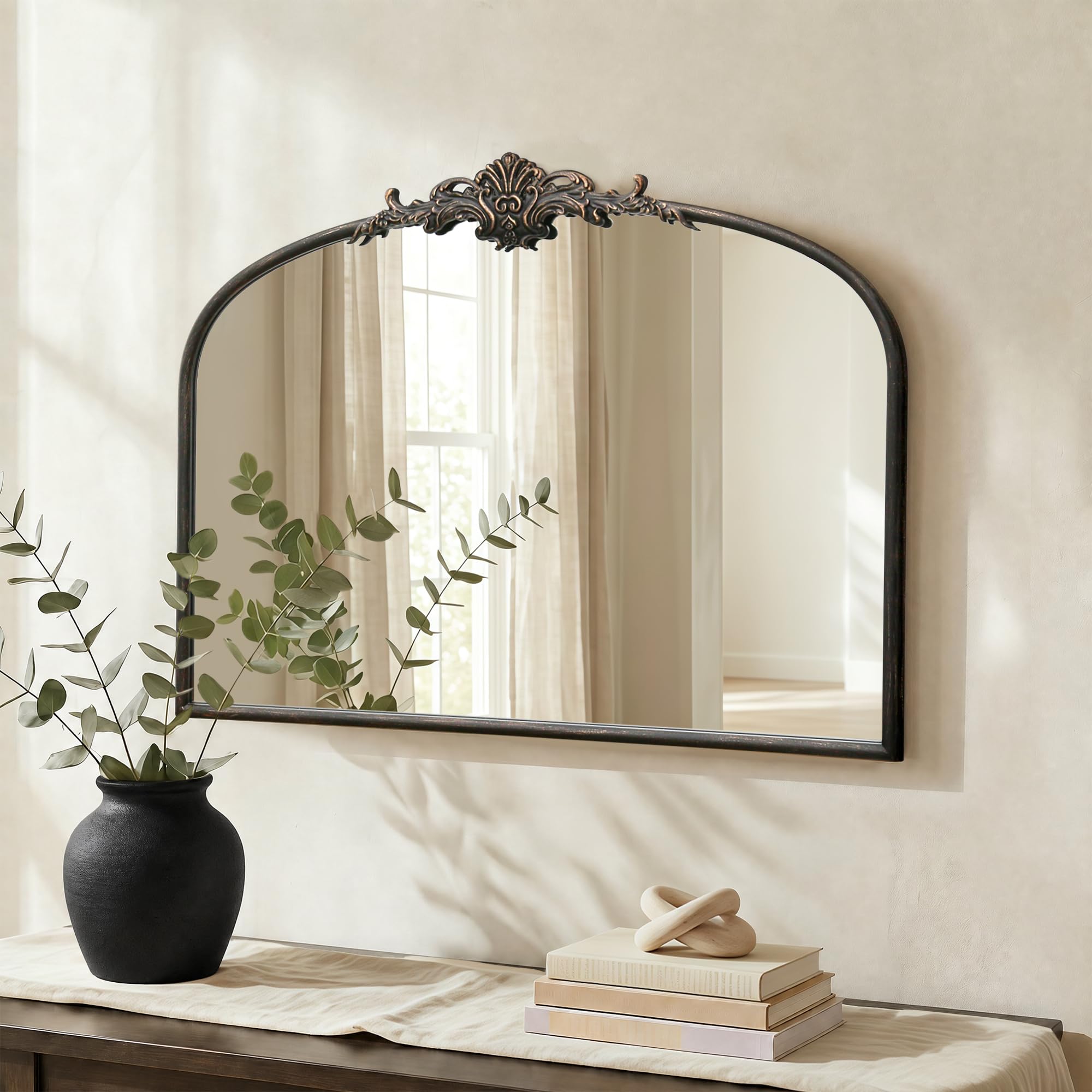 Besdomus Vintage Arched Gold Mirror: 40"x29" French Large Brass Antique Wall Vanity Mirror - Decorative Baroque Traditional Ornate for Entryway/Fireplace/Bathroom/Bedroom - Ideal for Home Renovations