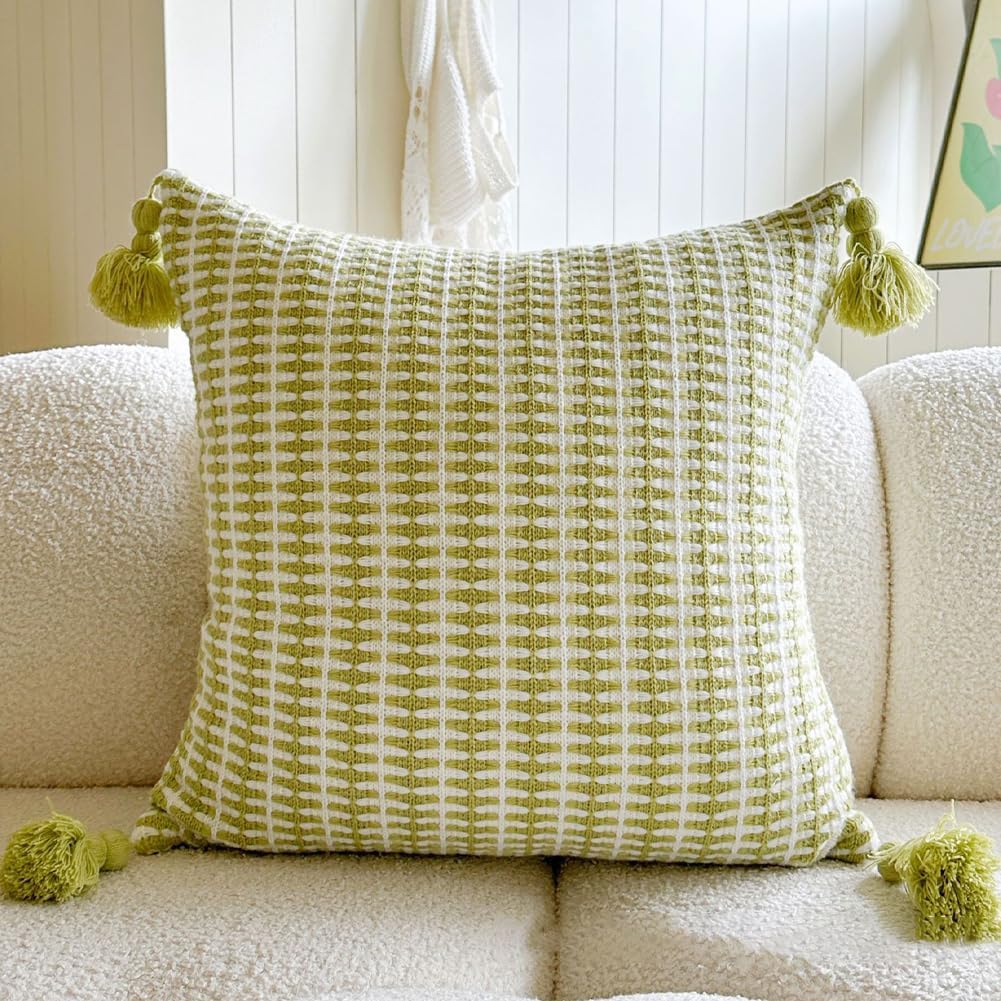 Knit Throw Pillow with Tassels Includes Insert, Soft Boho Decorative Square Pillow for Couch Sofa, Chunky Cotton Feel, Light Green (Square)