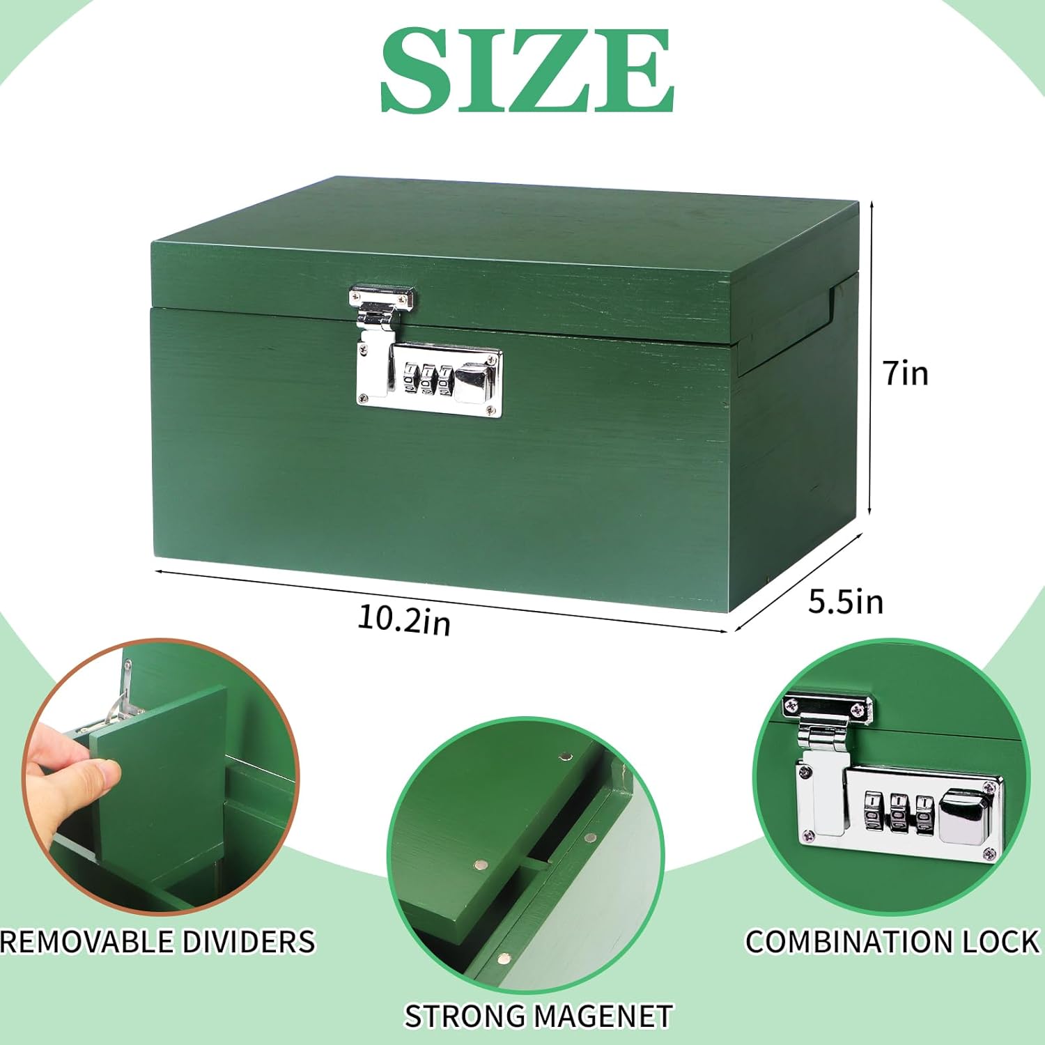 Large Green Bamboo Box with Combination Lock, Decorative Storage Box with Removable Tray & Detachable Compartment, Wooden Boxes with Alright Jars & Brushes & Storage Tubes as Great Gift Choice.