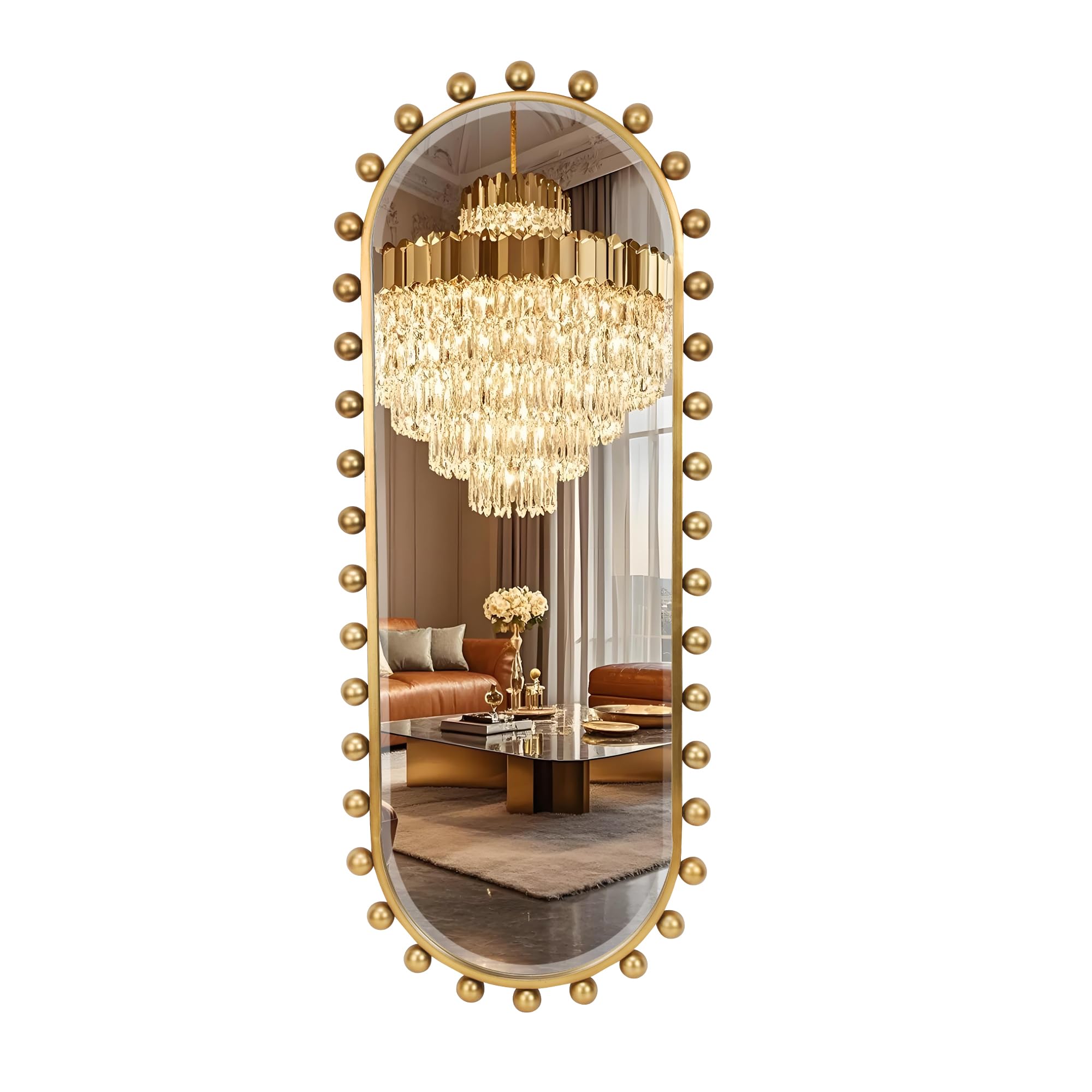 Antique Gold Teardrop Mirror Unique with Ball Frame – 24"x36" Beaded Large Decorative Ornate Wall Mirror for Bathroom, Bedroom, Living Room, Hallway