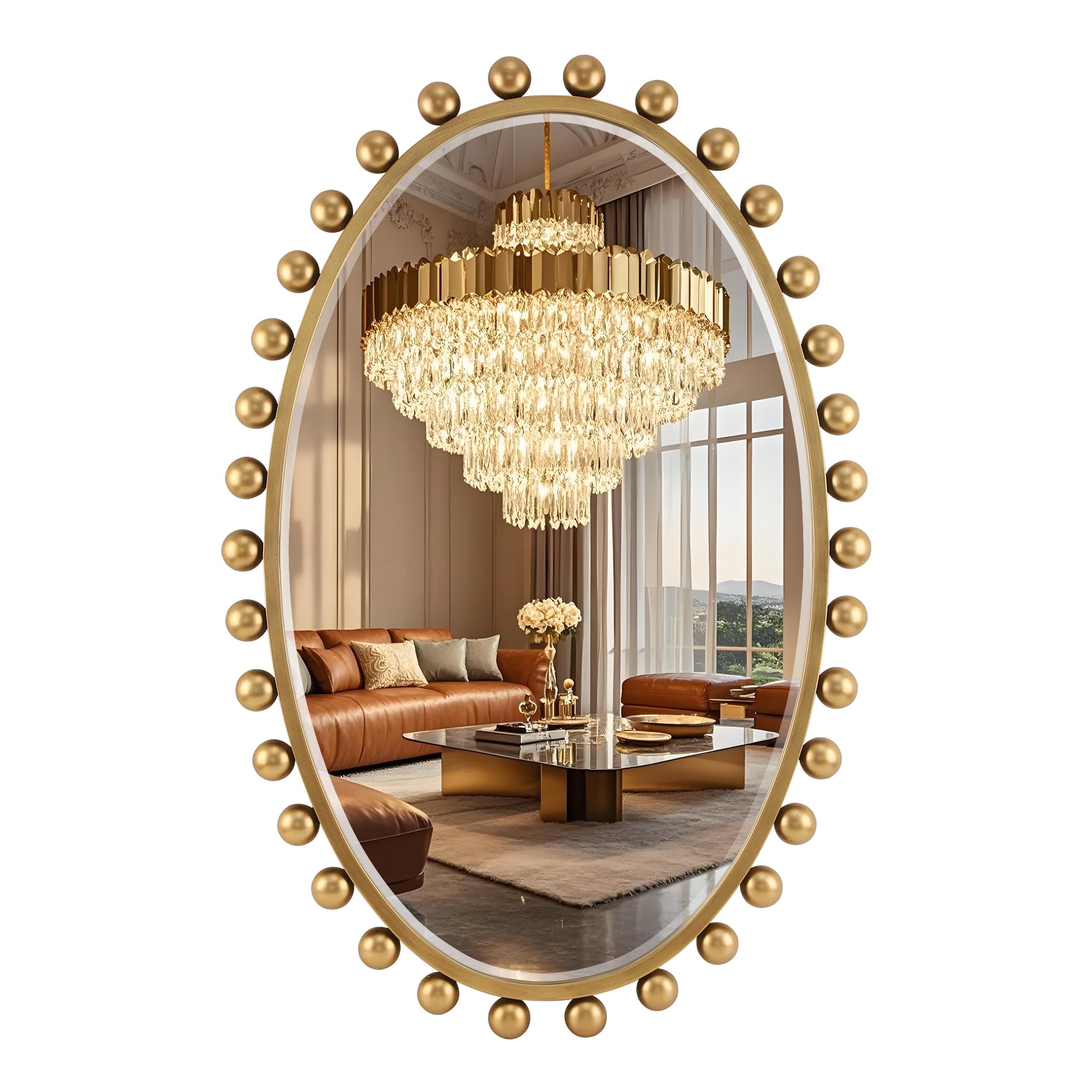 Antique Gold Teardrop Mirror Unique with Ball Frame – 24"x36" Beaded Large Decorative Ornate Wall Mirror for Bathroom, Bedroom, Living Room, Hallway