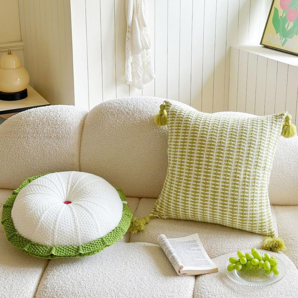 Knit Throw Pillow with Tassels Includes Insert, Soft Boho Decorative Square Pillow for Couch Sofa, Chunky Cotton Feel, Light Green (Square)