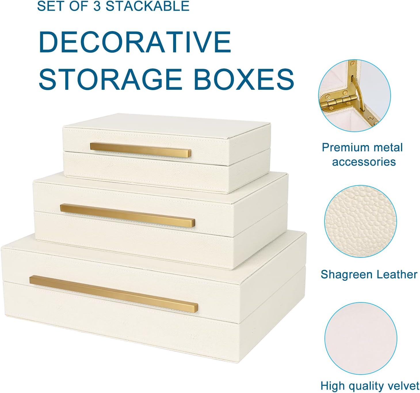 Beige Shagreen Decorative Box Set of 3 - Faux Leather Nesting Storage Boxes with Lids, Large Modern Jewelry Organizer, Stackable Home Decor Box for Bedroom, Bathroom & Office