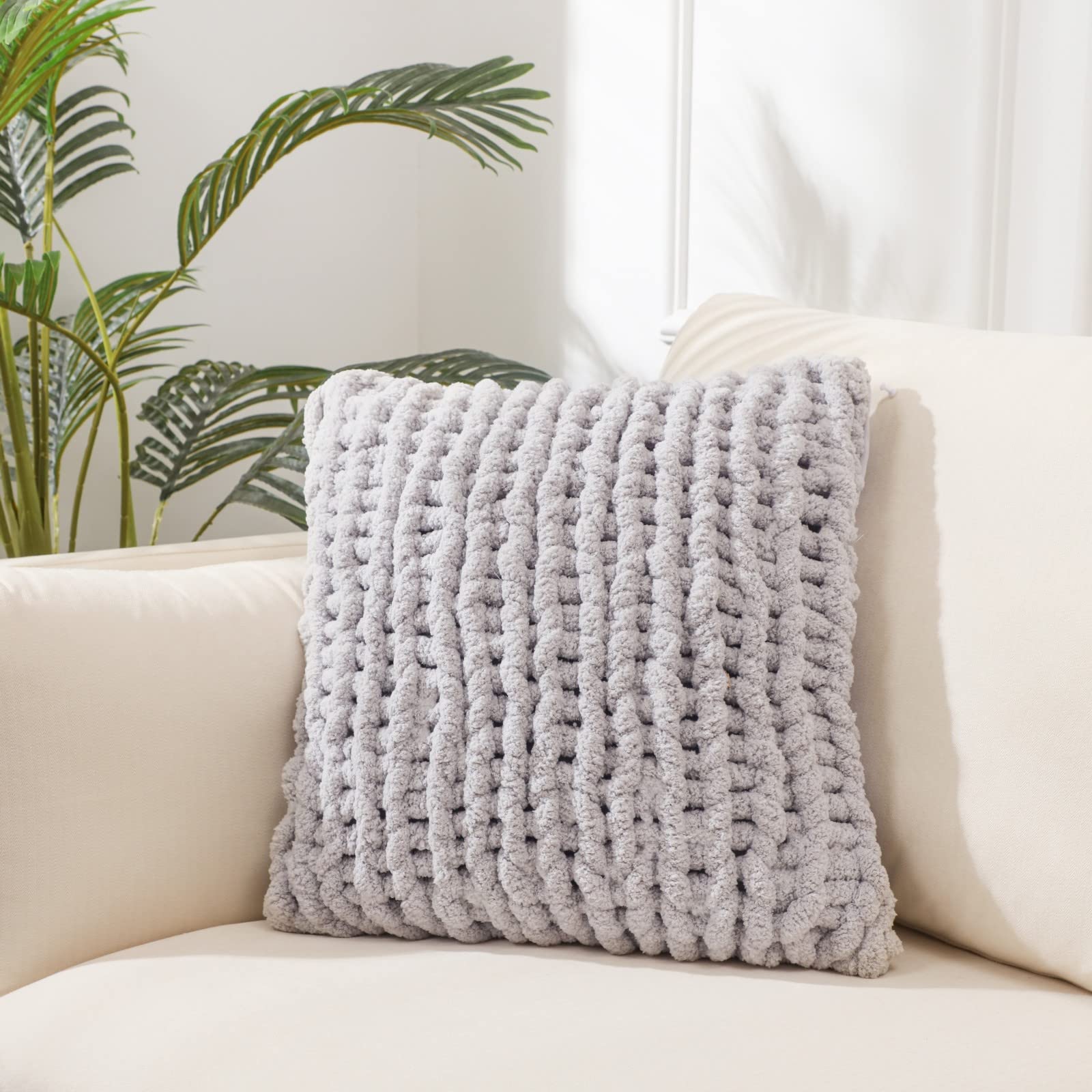 1PC 18×18 Inch Cream Chunky Knit Throw Pillow Cover, Luxury Crochet Sofa Cushion Case