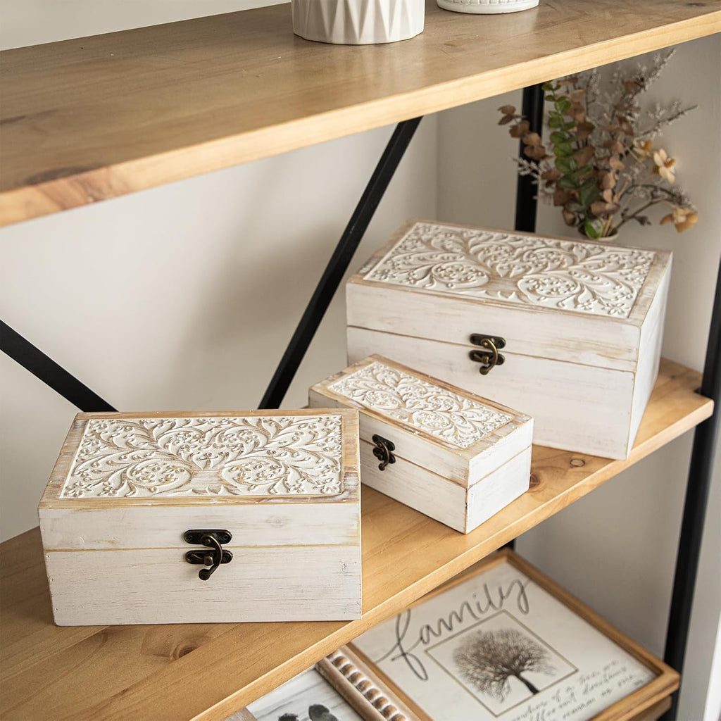 3 Piece Tree of Life Carved Wooden Keepsake Boxes with Lids, Decorative Storage Boxes for Home decor, Trinket Box for Jewelry and Memorabilia