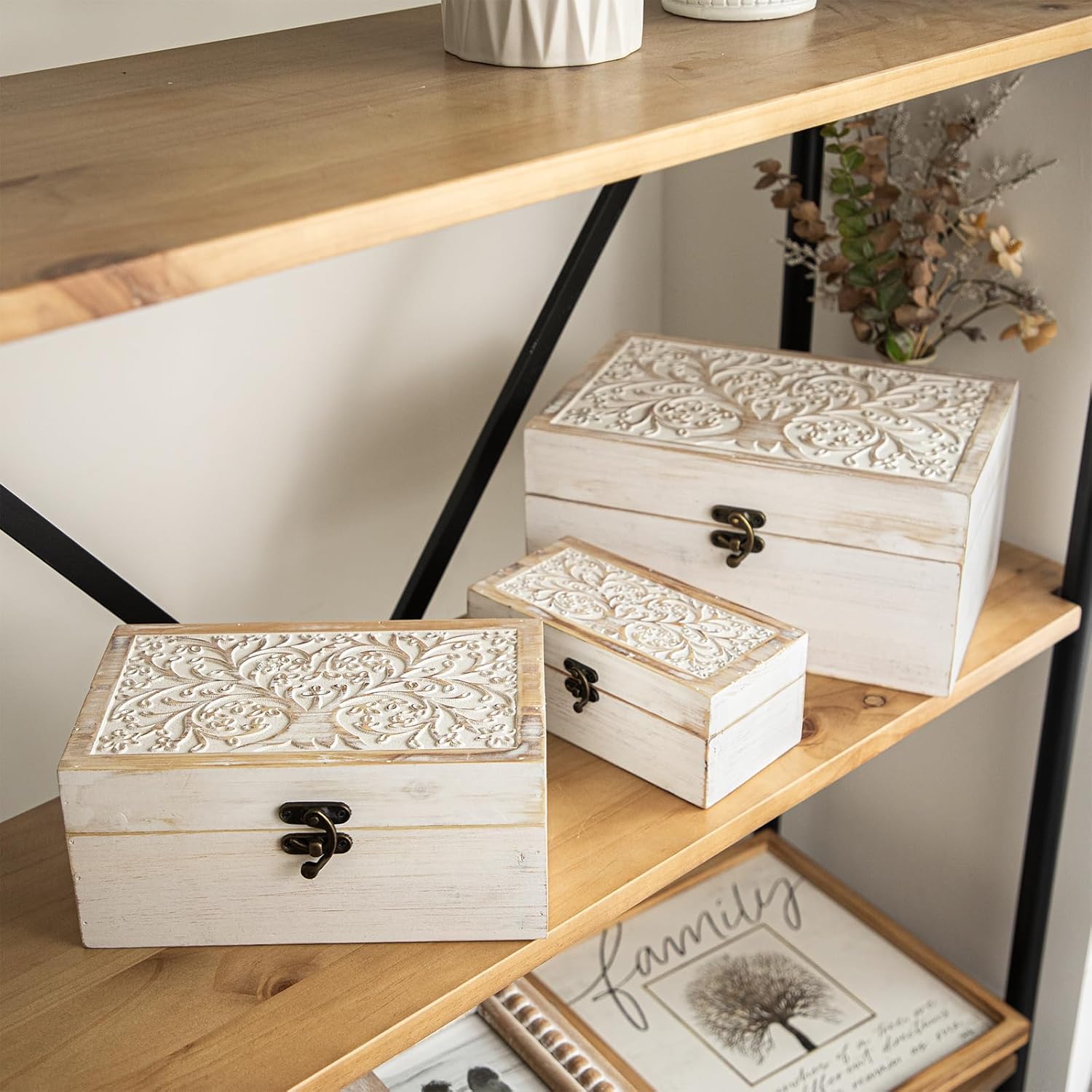 3 Piece Tree of Life Carved Wooden Keepsake Boxes with Lids, Decorative Storage Boxes for Home decor, Trinket Box for Jewelry and Memorabilia