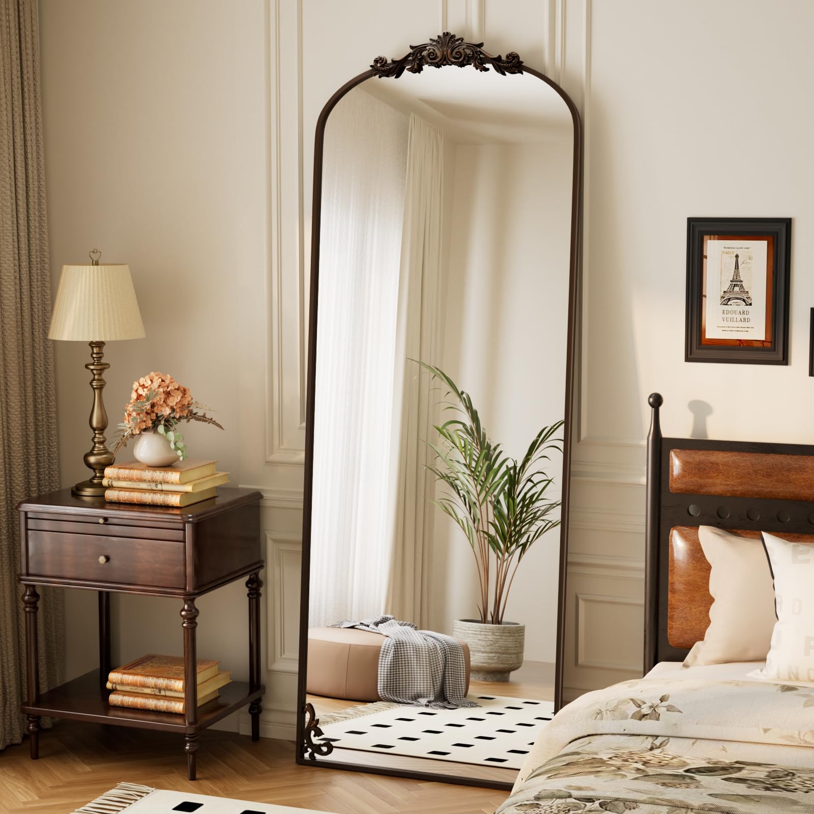 BEAUTYPEAK 56"x21" Arch Mirror Full Length, Traditional Vintage Ornate Baroque Mirror with Bottom Corner Pattern, Hanging or Leaning for Entryway/Bathroom/Fireplace/Bathroom, Black