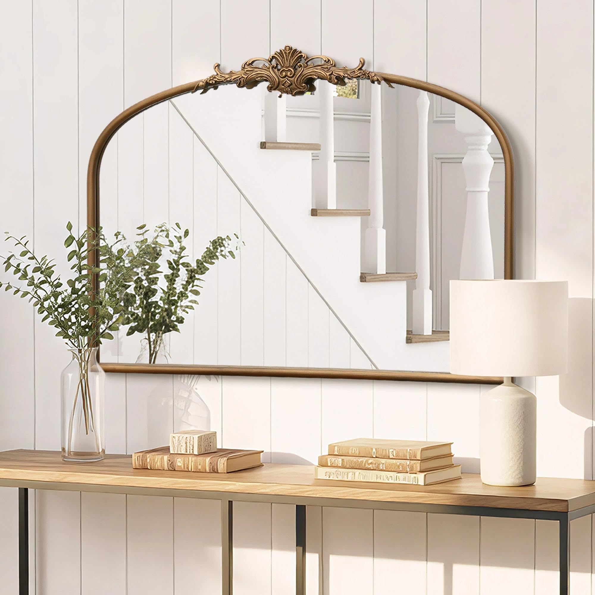 Besdomus Vintage Arched Gold Mirror: 40"x29" French Large Brass Antique Wall Vanity Mirror - Decorative Baroque Traditional Ornate for Entryway/Fireplace/Bathroom/Bedroom - Ideal for Home Renovations