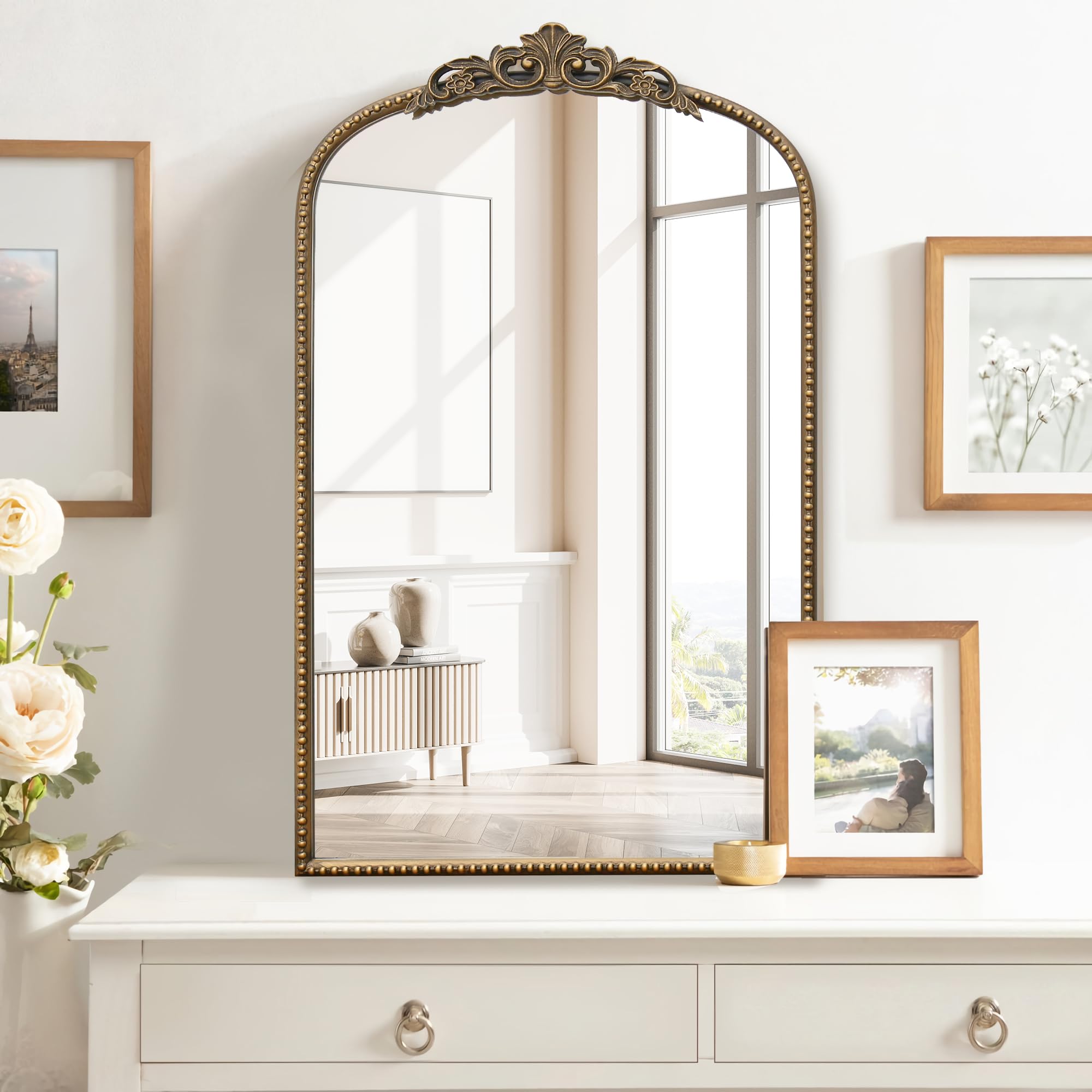 Micasso Vintage Wall Bronze Mirror: 32"x24" French Baroque Antique Mirror - Traditional Ornate Decorative Arched for Wall/Bathroom/Entryway/Fireplace/Hallway - Home Decor for Living Room
