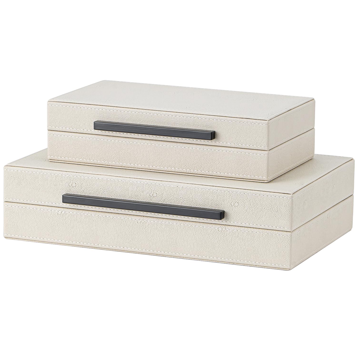 Set of 2 Black Shagreen Storage Boxes with Gold Metal Handles – Faux Leather Jewelry Organizer, Nesting Decorative Box for Photos, Memory Keepsake, Home & Office Decor