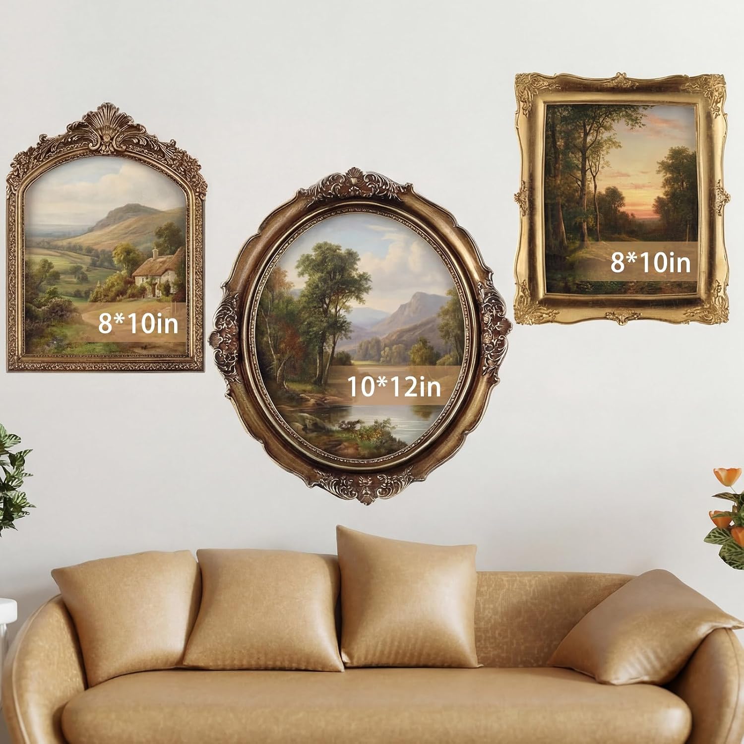 Wonderjune 3 Pcs Large Vintage Picture Frames 10" 12" Antique Picture Frame,Clear Glass Rustic Frames Retro Home Decor Wall Mount for Gallery Art Oval Square, Bronze Gold (Vintage)