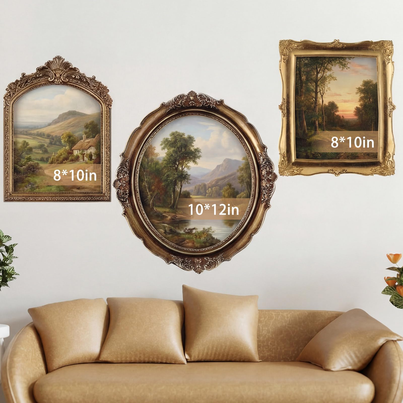Wonderjune 3 Pcs Large Vintage Picture Frames 10" 12" Antique Picture Frame,Clear Glass Rustic Frames Retro Home Decor Wall Mount for Gallery Art Oval Square, Bronze Gold (Vintage)