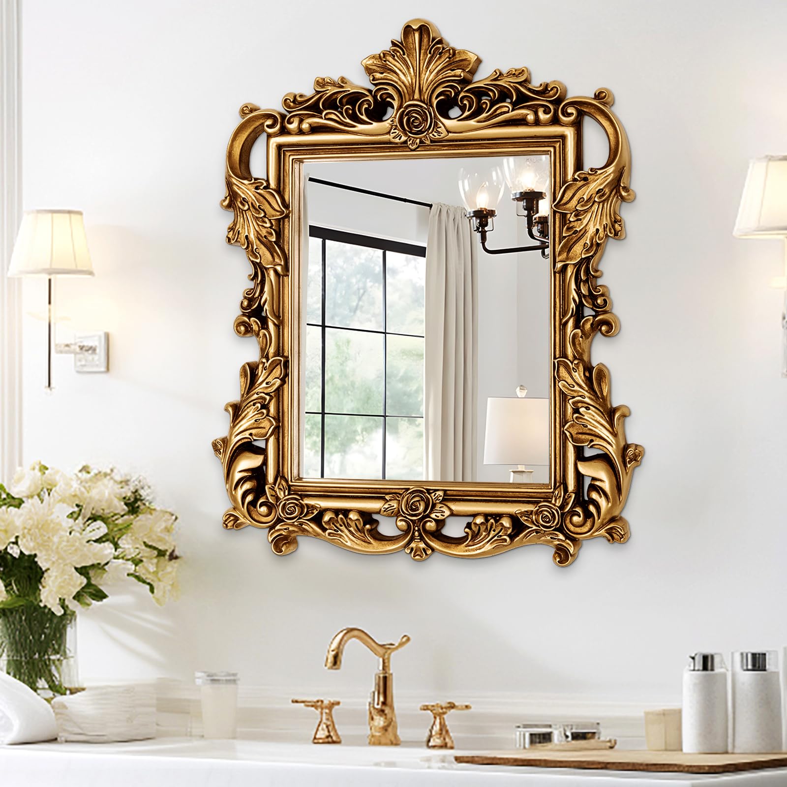 Gold Baroque Mirror - 26.3'' x 32.6'' Ornate Lightweight PU Frame, Vintage Decor Mirror for Living Room Fireplace Dining Room Entryway, Antique Mirrors with HD Reflection to Brighten & Expand Space