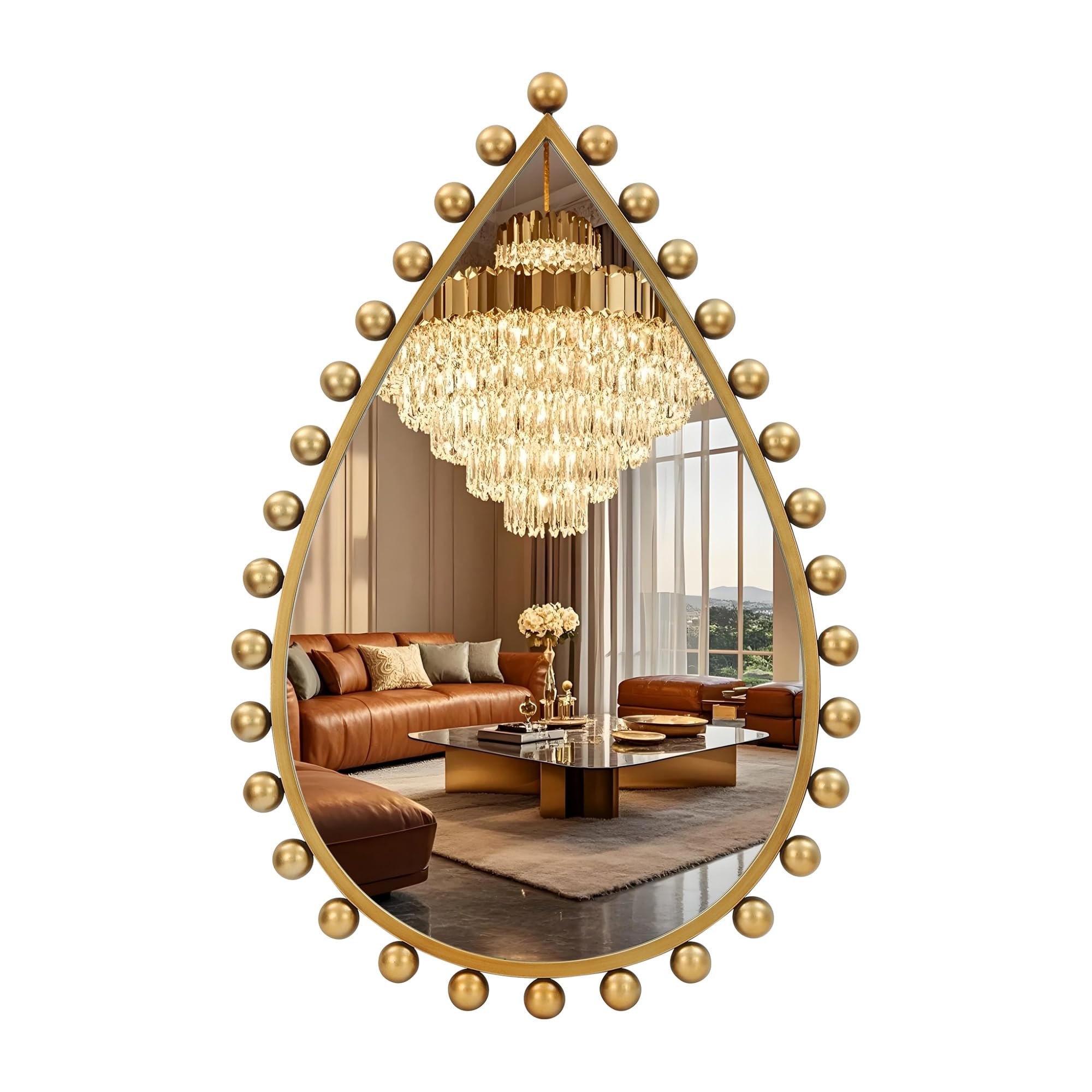 Antique Gold Teardrop Mirror Unique with Ball Frame – 24"x36" Beaded Large Decorative Ornate Wall Mirror for Bathroom, Bedroom, Living Room, Hallway