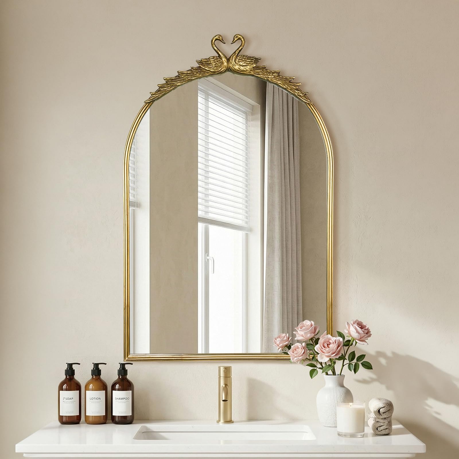 Antique Baroque Vintage Vanity Mirror 30x20Inch, Gold with Ornate Antique Frame, Arched Vintage Wall Mirror for Living Room, Fireplace, Entryway