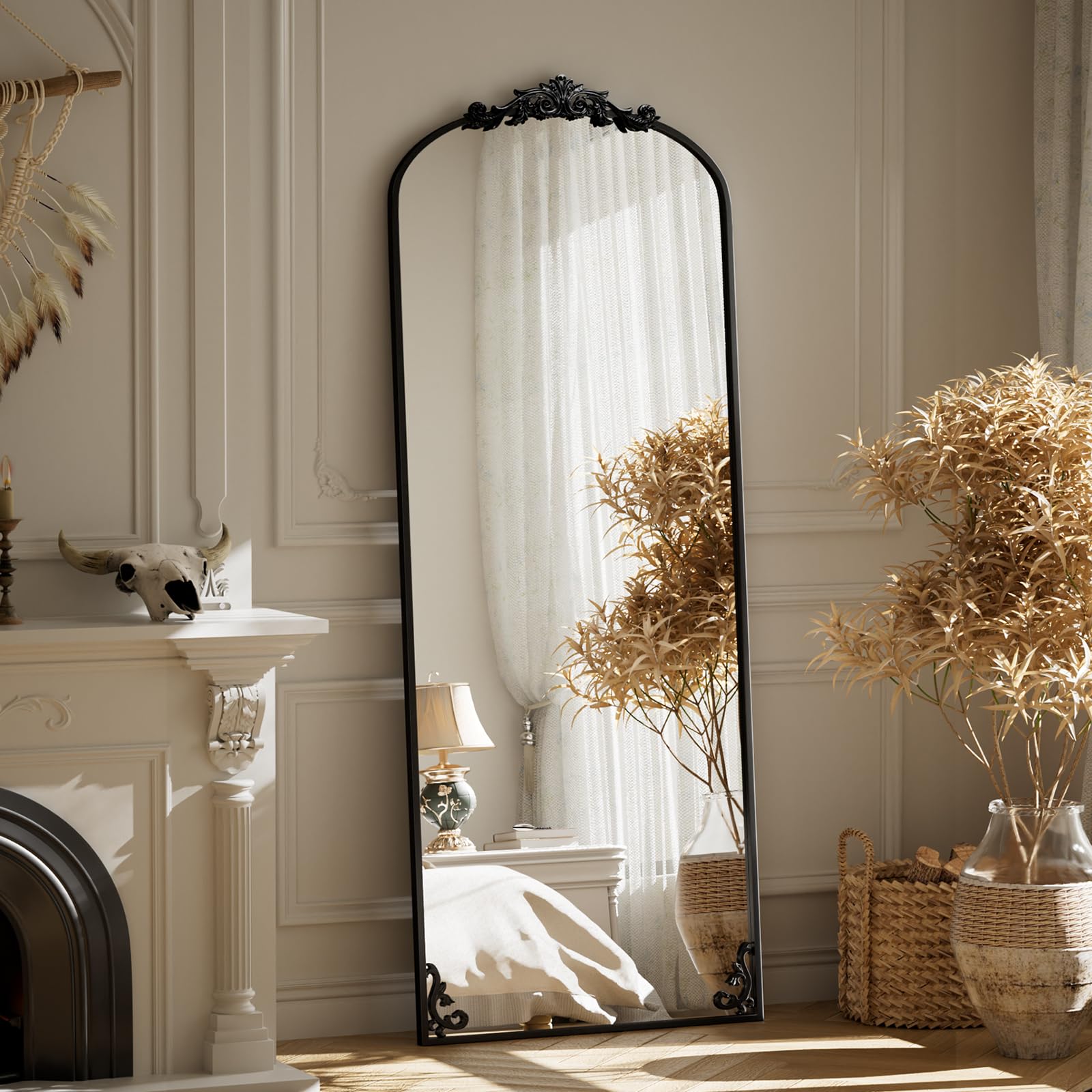BEAUTYPEAK 56"x21" Arch Mirror Full Length, Traditional Vintage Ornate Baroque Mirror with Bottom Corner Pattern, Hanging or Leaning for Entryway/Bathroom/Fireplace/Bathroom, Black
