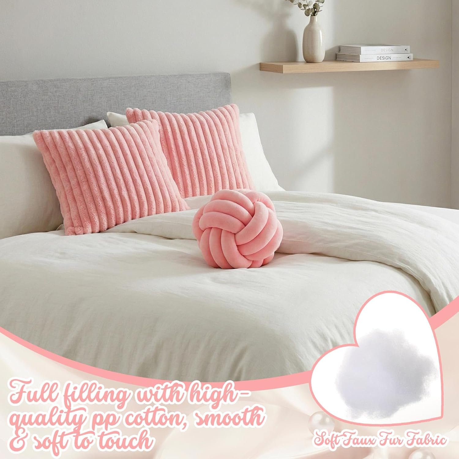 Tegeme Set of 3 Knot Pillow Ball and 18" Throw Pillowcases Fuzzy Striped, Soft Knotted Home Decor Pillow, 2 Faux Fur Cushion Covers Aesthetic Cushion and Cases for Sofa Bed Bedroom Living Room (Pink)