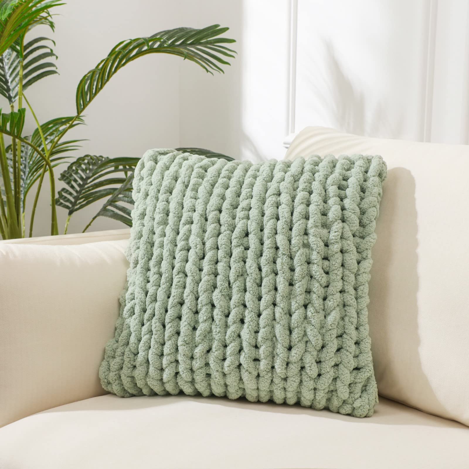 1PC 18×18 Inch Cream Chunky Knit Throw Pillow Cover, Luxury Crochet Sofa Cushion Case