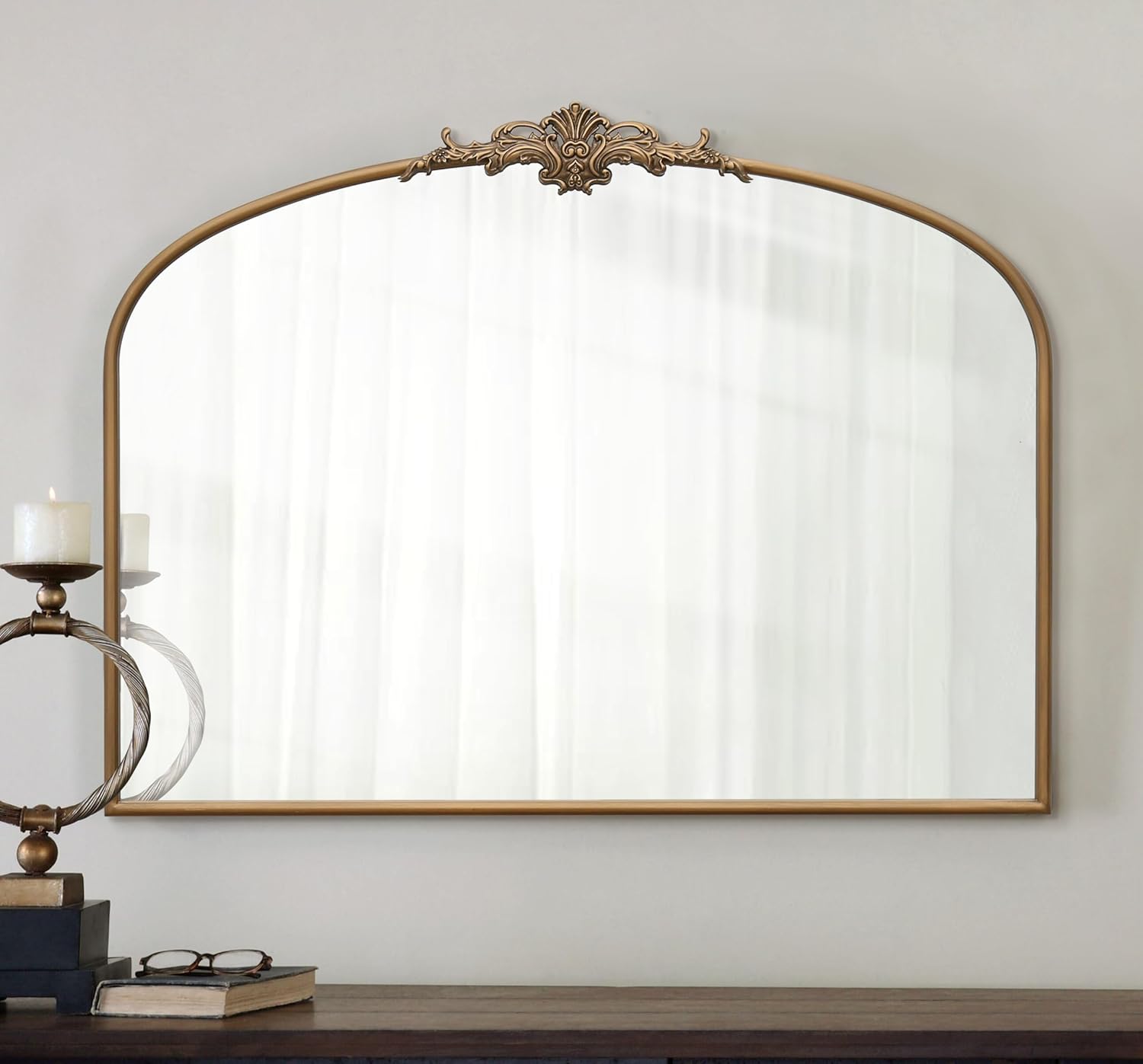 Besdomus Vintage Arched Gold Mirror: 40"x29" French Large Brass Antique Wall Vanity Mirror - Decorative Baroque Traditional Ornate for Entryway/Fireplace/Bathroom/Bedroom - Ideal for Home Renovations