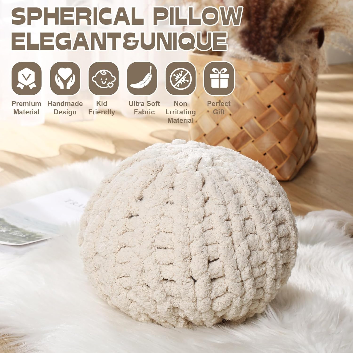 Suzile 2 Pcs Round Knot Pillows Gifts 13.8 Inch Chunky Knitted Throw Pillows Handmade Cushions Soft Circle Supplies for Home Bed Sofa Couch Housewarming Decoration(Beige)