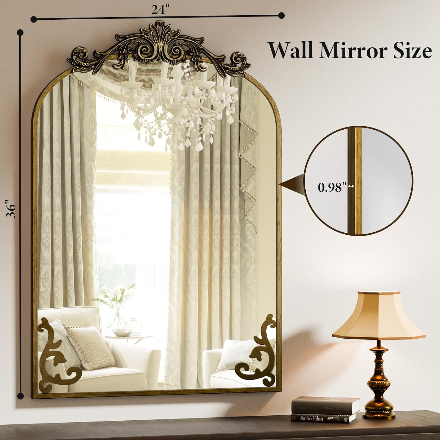 Koonmi Vintage Mirror, 24x36 Antique Barolon Mirror for Wall, Bronze Frame with Ornate Patterns, Flower Head, Shatter-Proof Tempered Glass Arched Decorative Mirrors for Bathroom