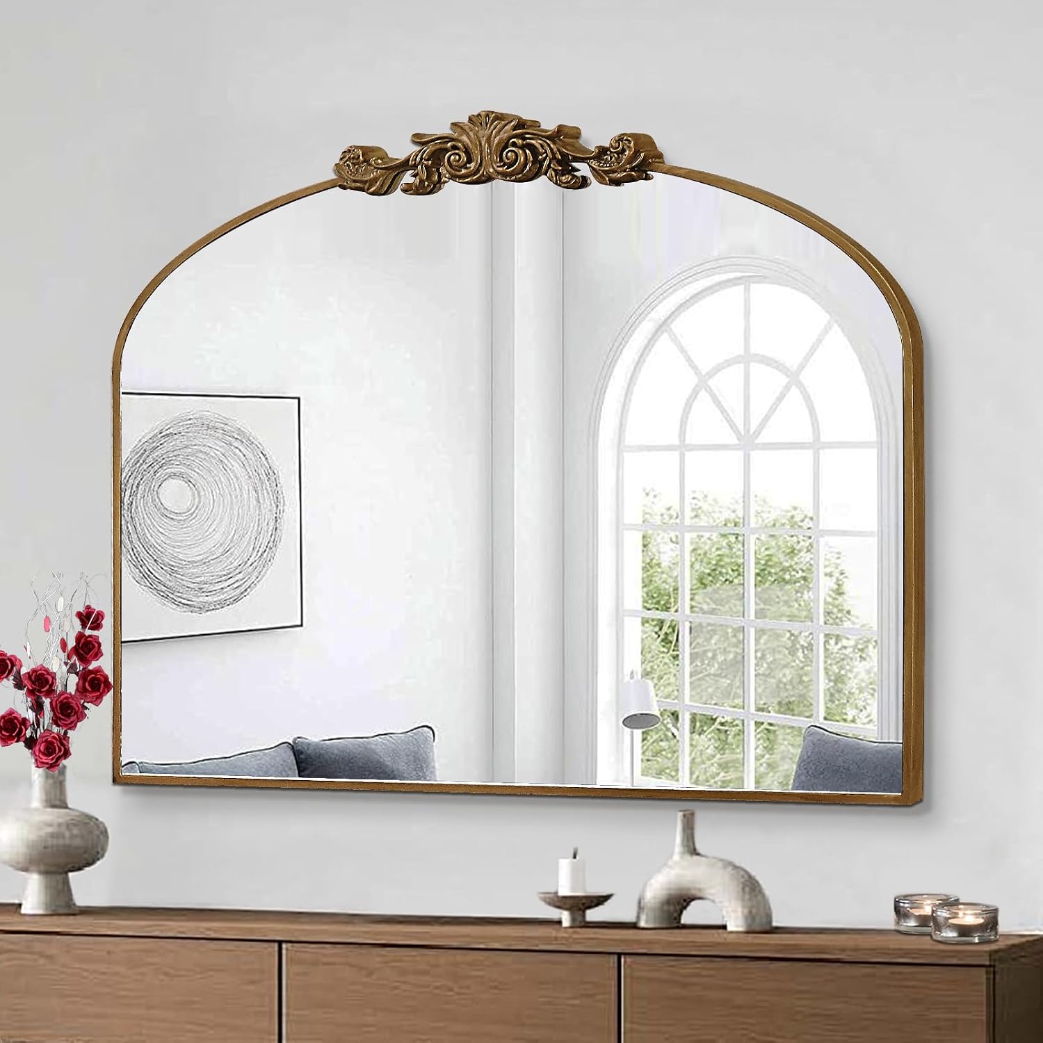 Vintage Gold Entryway Mirrors for Wall, 36"x29" Traditional Antique Baroque Mirror Decorative, Ornate Arched Mirror for Fireplace, Hallway, Bathroom, Living Room