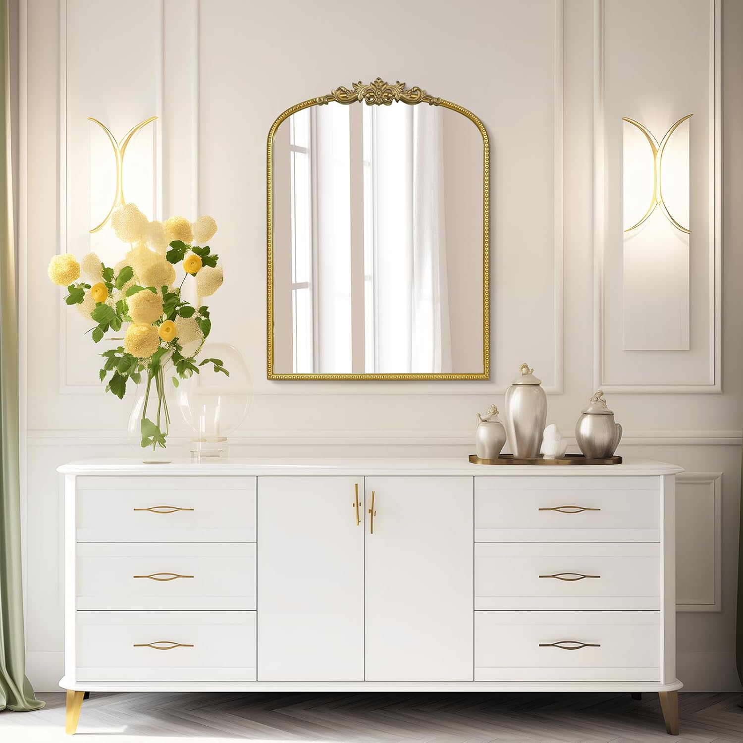 WallBeyond Gold Vintage Mirror for Vanity 22x30 Inch, Gold Antique Mirror with Ornate Frame, Arched Vintage Wall for Bathroom, Living Room, Fireplace, Entryway