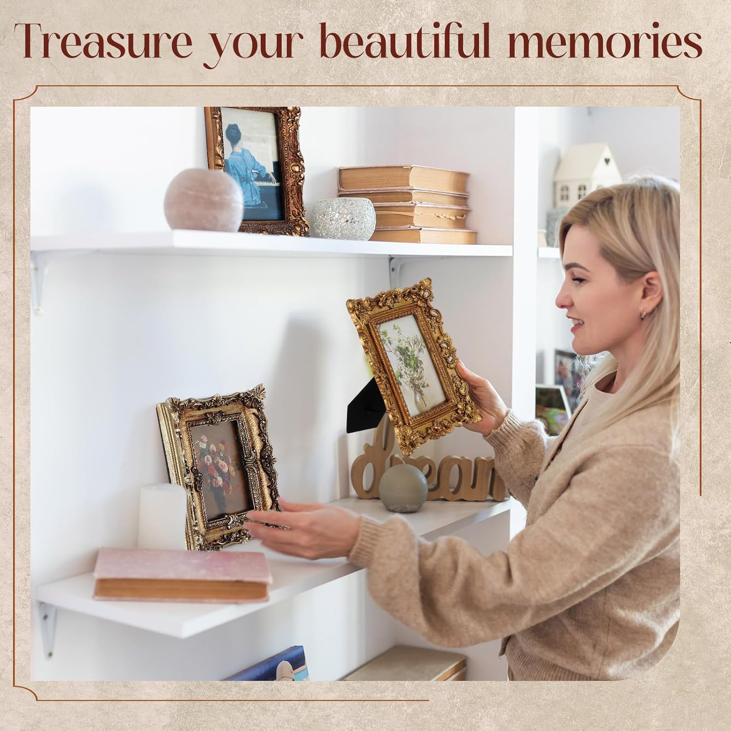 Wonderjune 7 Pcs Vintage Picture Frames Set with Glass Front Antique Gold Gallery Wall Frame for 4x6, 5x7 Baroque for Home Decor Photography Props Gifts, Wall or Tabletop(Rococo)