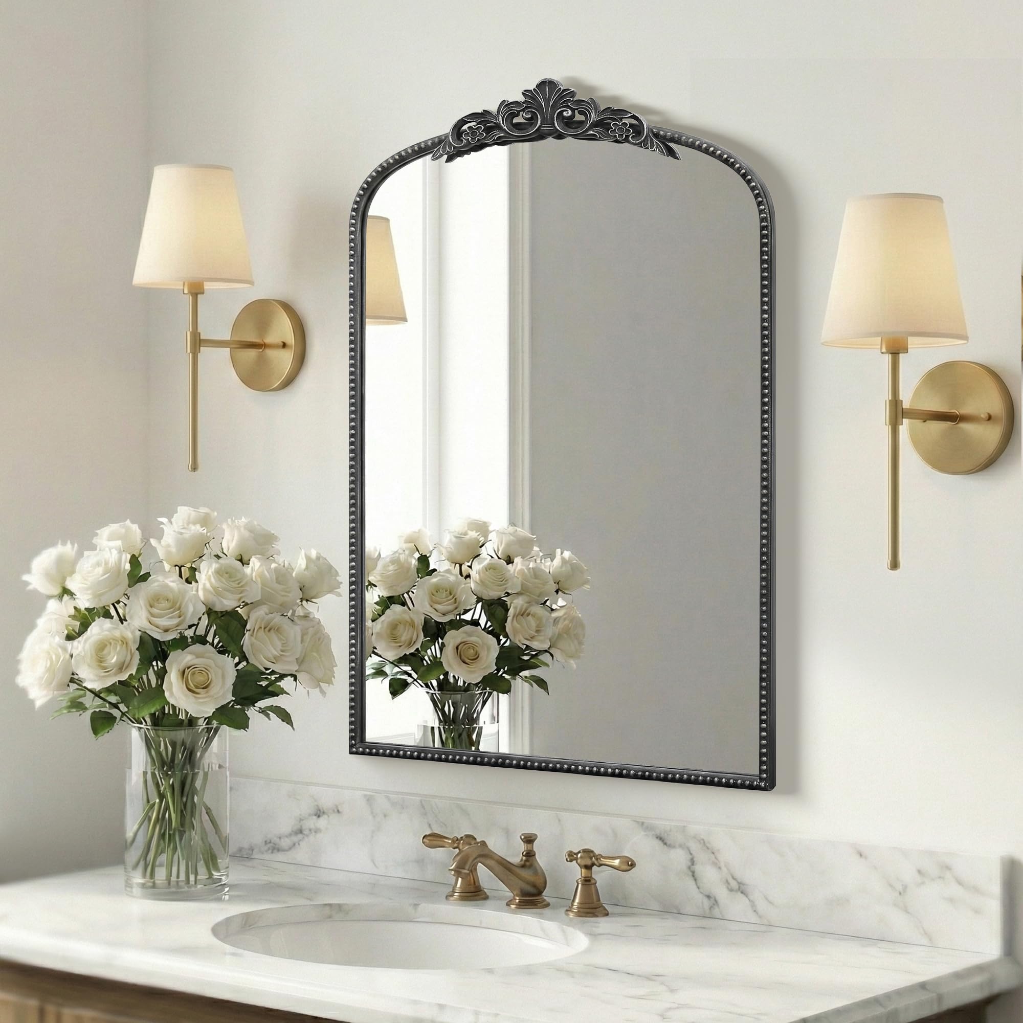 Micasso Vintage Wall Bronze Mirror: 32"x24" French Baroque Antique Mirror - Traditional Ornate Decorative Arched for Wall/Bathroom/Entryway/Fireplace/Hallway - Home Decor for Living Room