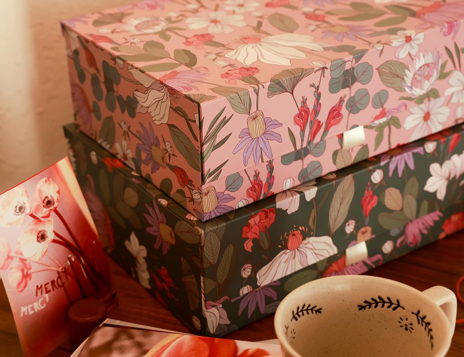 3-Piece Decorative Storage Boxes with Lids, Magnet and Ribbon, Blue, Green, Pink, Floral, Cardboard Paper Keepsake box Set, Photo Storage Box for Memory, Modern Stylish Home Decor