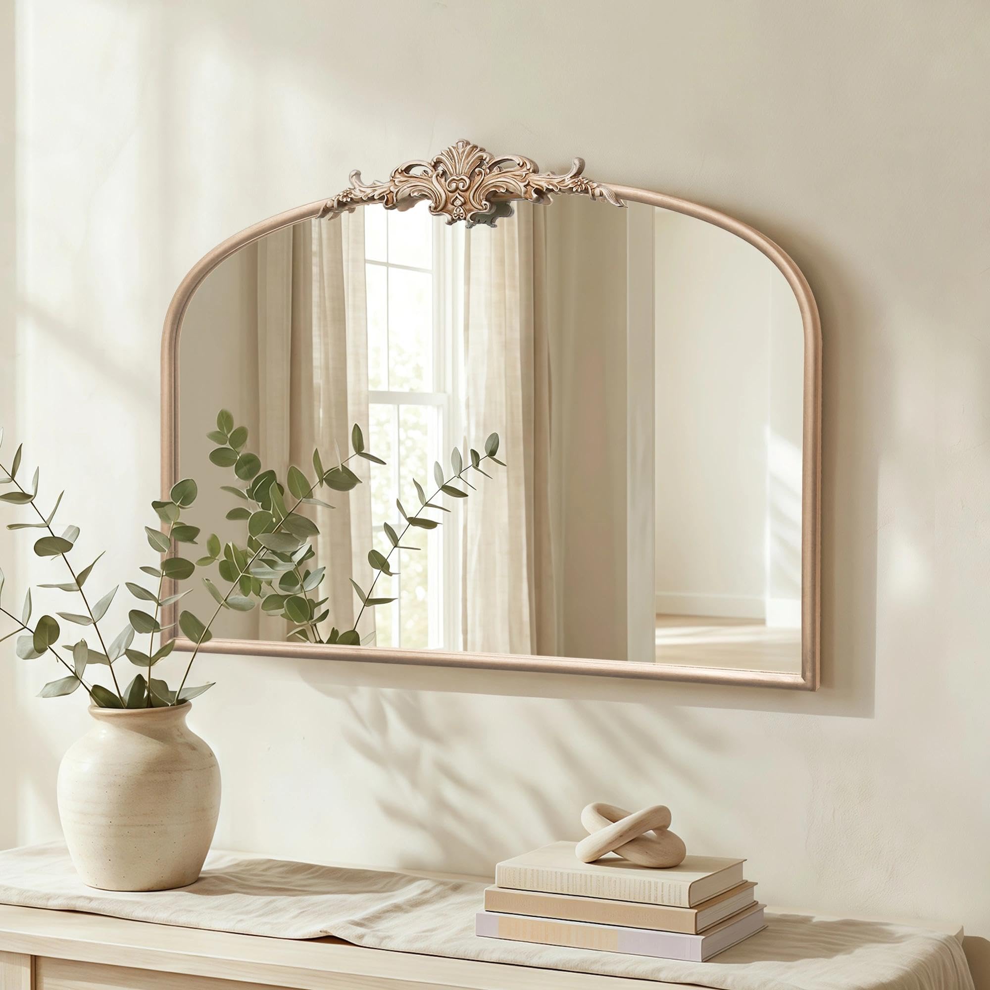 Besdomus Vintage Arched Gold Mirror: 40"x29" French Large Brass Antique Wall Vanity Mirror - Decorative Baroque Traditional Ornate for Entryway/Fireplace/Bathroom/Bedroom - Ideal for Home Renovations