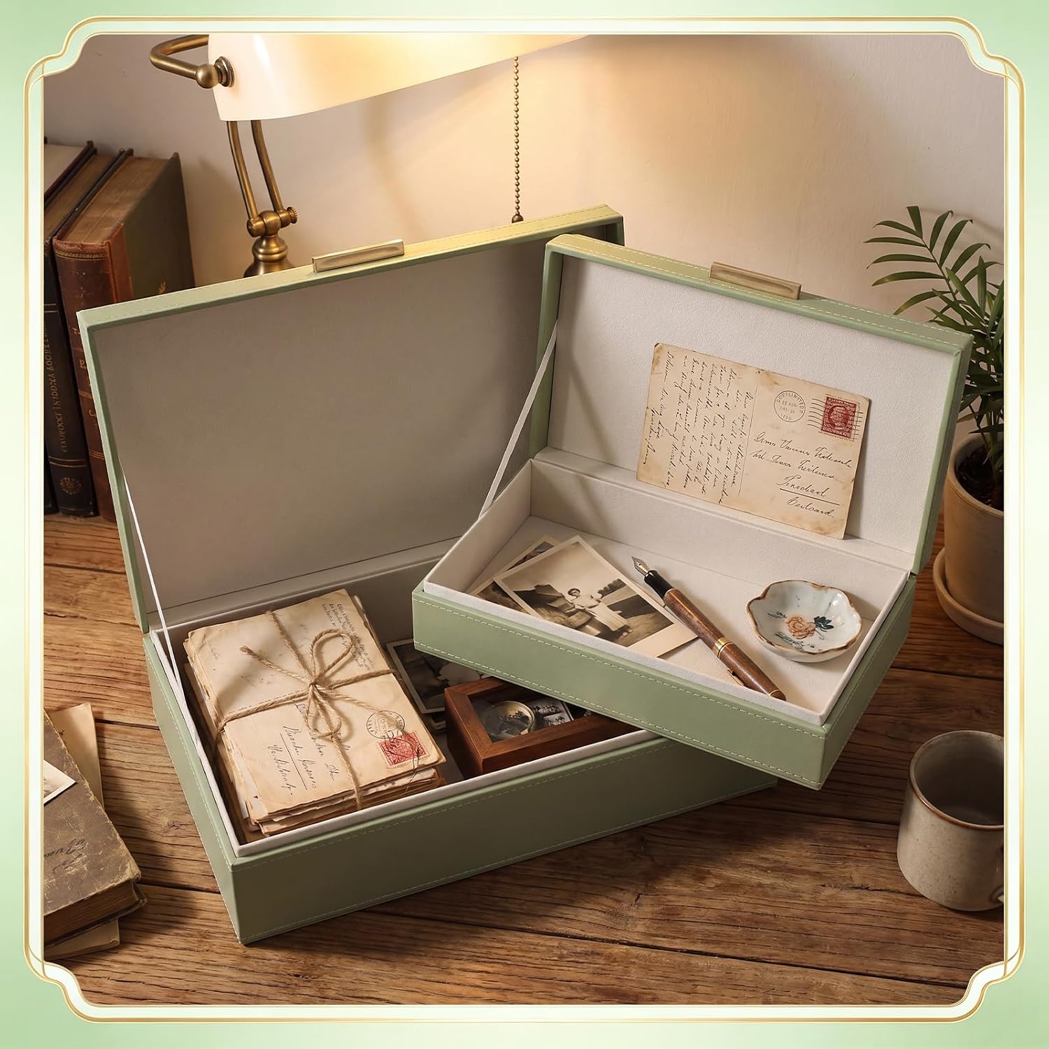 Pinkunn Faux Leather Decorative Boxes with Lids Set of 2 Beautiful PU Leather Organizer Bins for Your Bookshelf Home Large Nesting Storage Decorative Boxes for Modern Stacking Jewelry Box(Sage Green)